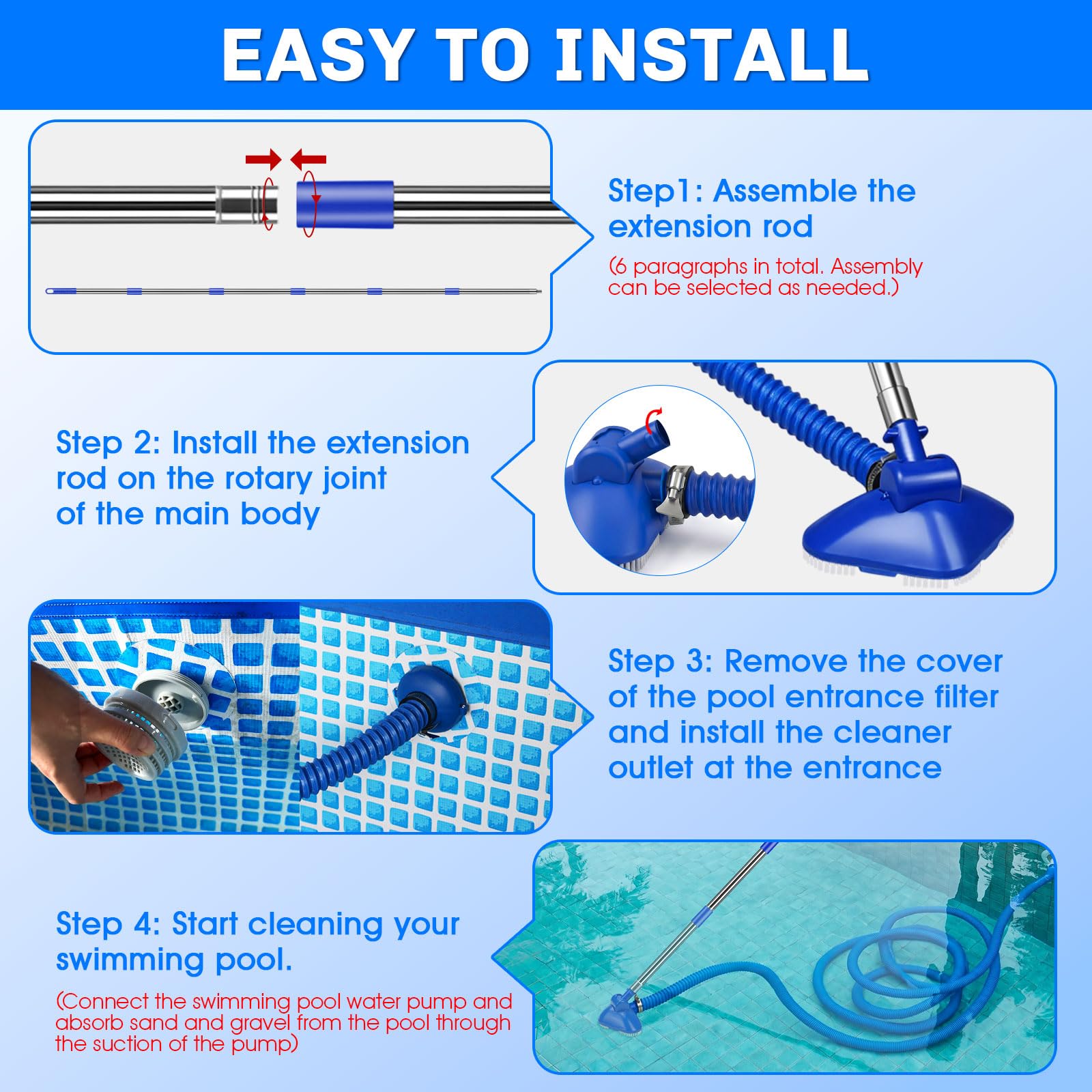 Kit aspirateur de piscine portatif sans fil – alimenté par l'eau, pas besoin de batterie, avec perche télescopique de 2,5 m, nettoyeur portable pour spa, jacuzzi, petite piscine hors sol et réservoir
