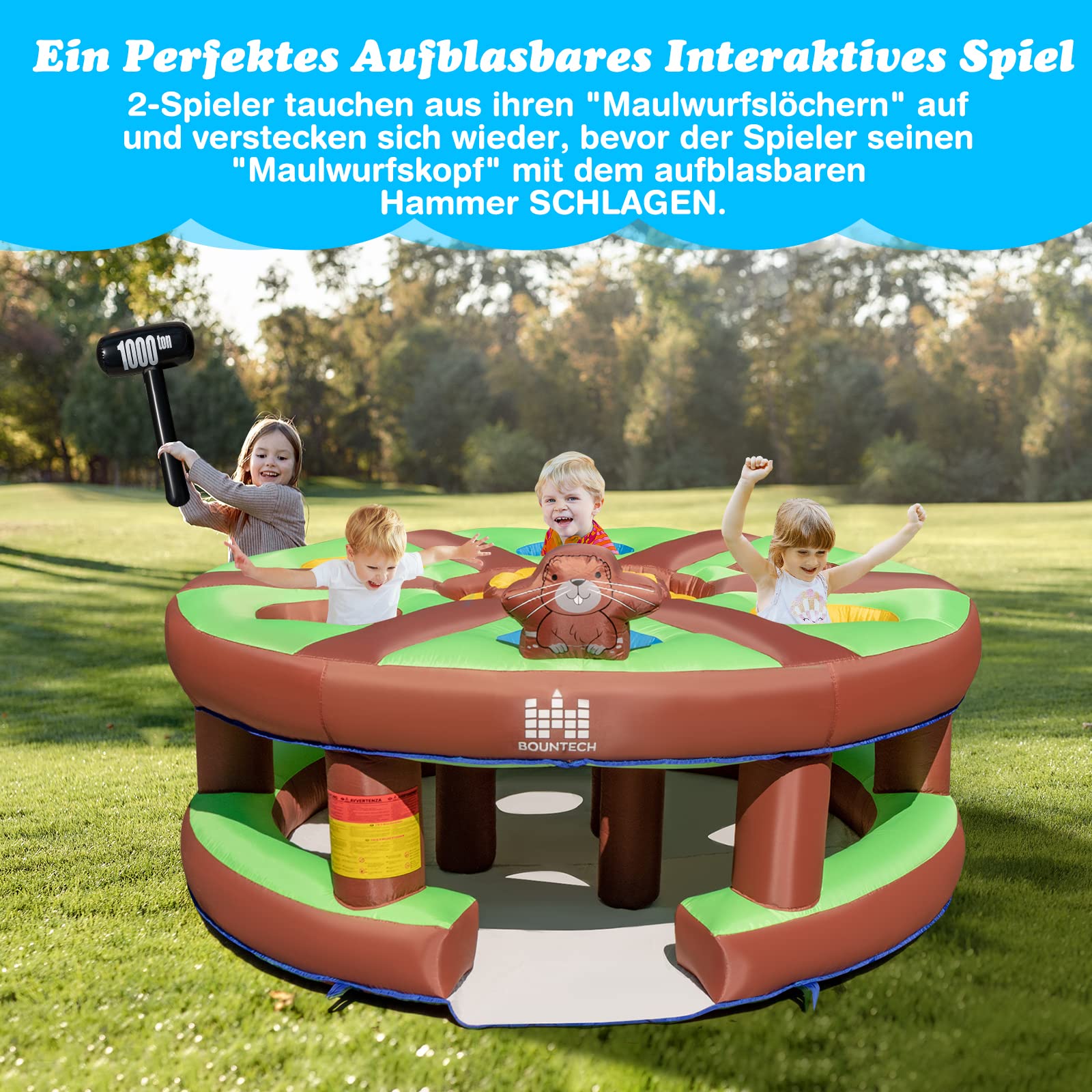 COSTWAY Aufblasbares Hau-den-Maulwurf Spiel für Kinder, riesiges Kinderspiel mit 480W Gebläse, aufblasbarem Hammer, Pflöcken, aufblasbares interaktives Familienspiel für Innen- & Außenbereich