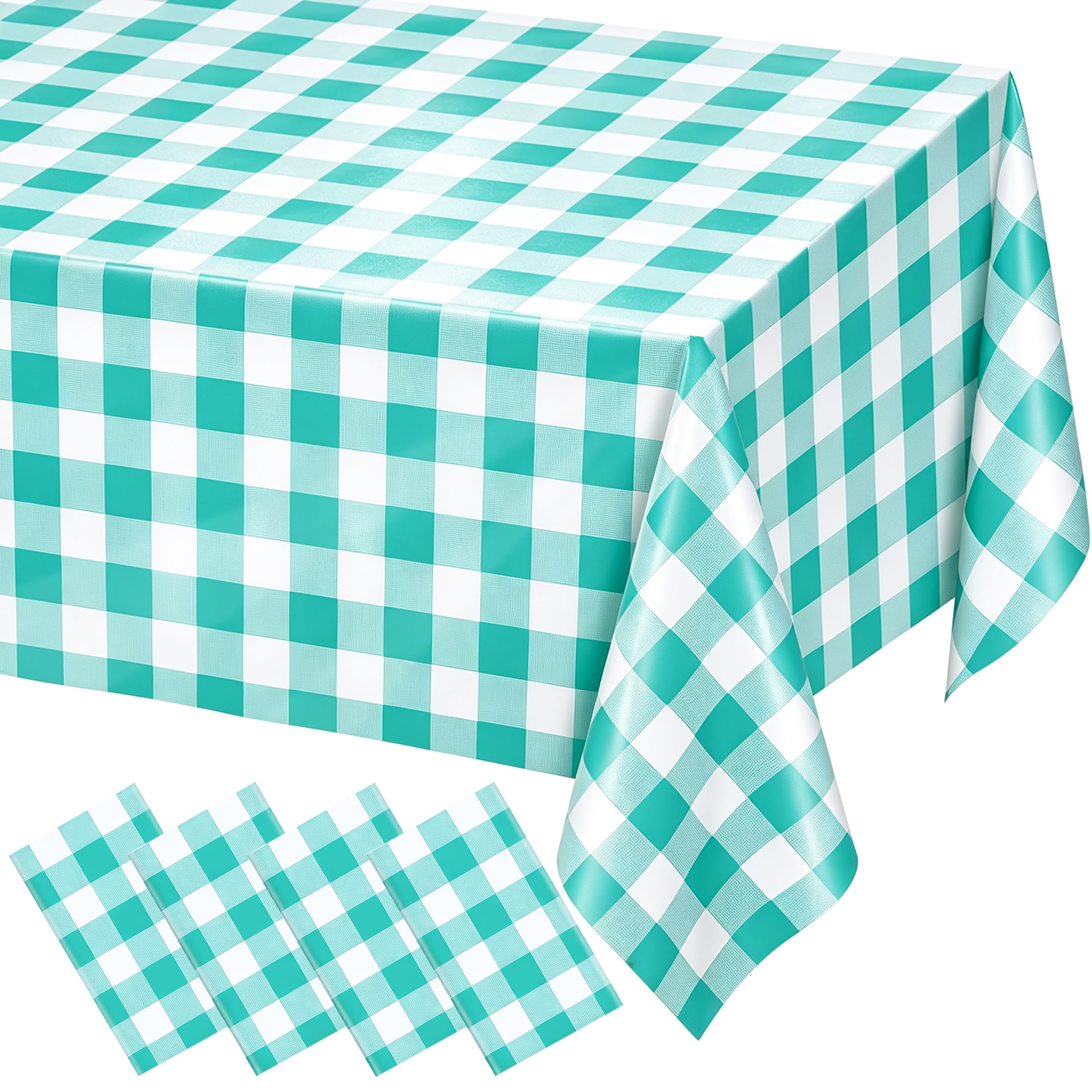 WNINK 4 Pack Mint Green Gingham Tablecloths, 54 x 108 Inch Disposable Waterproof Plastic Table Covers for Rectangle Tables, Picnic, Birthday Party, Baby Shower and Celebration