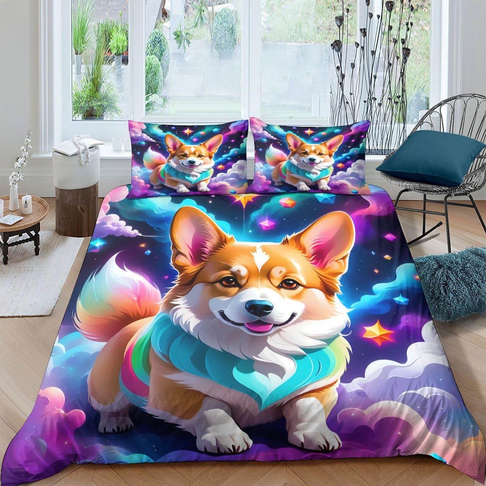 Ctjqhvkz Style-6 3D Printed Colorful Corgi Fitted Sheet Microfiber Non-Slip Cartoon Dog Mattress Cover For Bedroom Dorm Room Decor Easy Care Single（135X200cm）