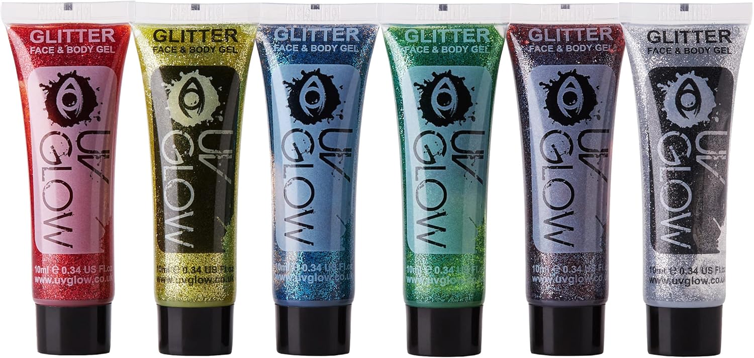 Face & Body Glitter Gel 10ml Set of 6 tubes UV Glow Branded Glitter