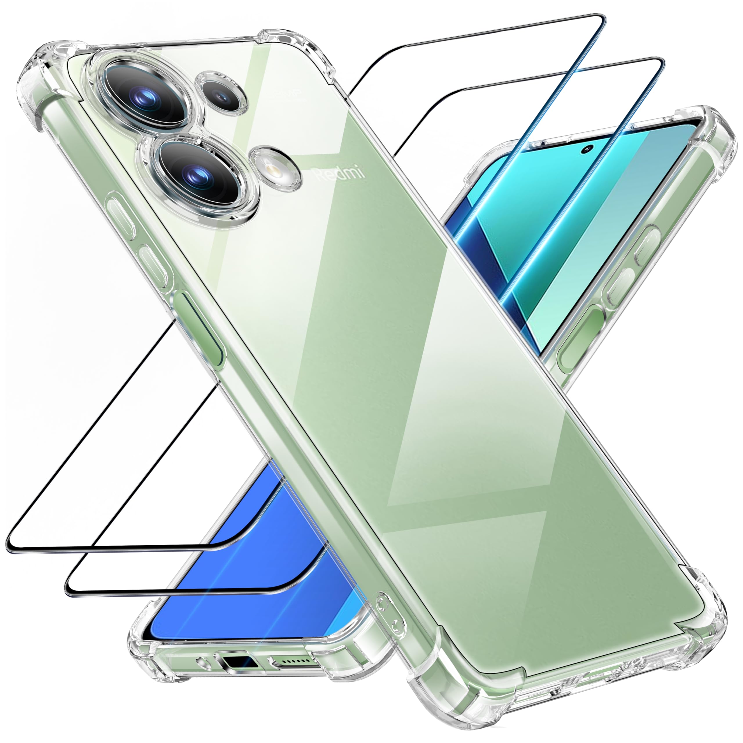 HTDELEC Coque Pour Xiaomi Redmi Note 13 4G 6.67" Transparente 2 X Verre Trempé écran,Silicone Souple étui Bumper Housse Clair TPU Gel Cover Avec Quatre Coins Renforcés - Clear