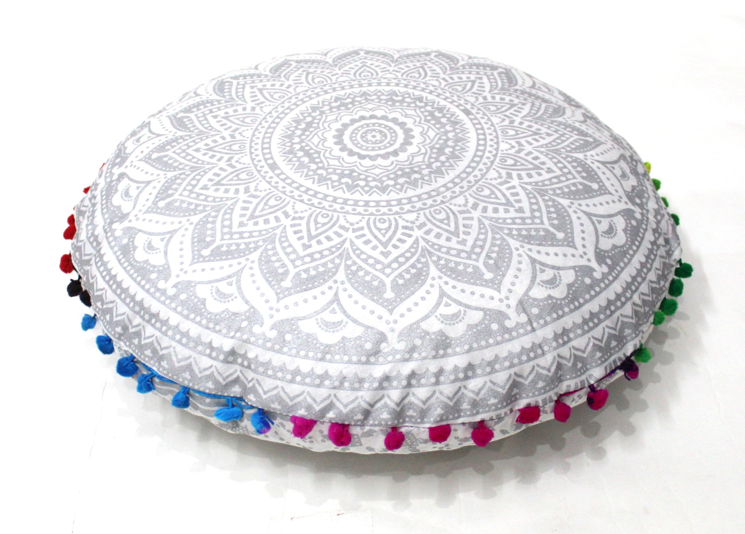 Round Mandala Floor Pillow Cover Seating Cushion Throw Cover Hippie Decorative Bohemian Ottoman Pouf Cover, Pom Pom Pillow Cases,Boho Indian 32 Inches Silver