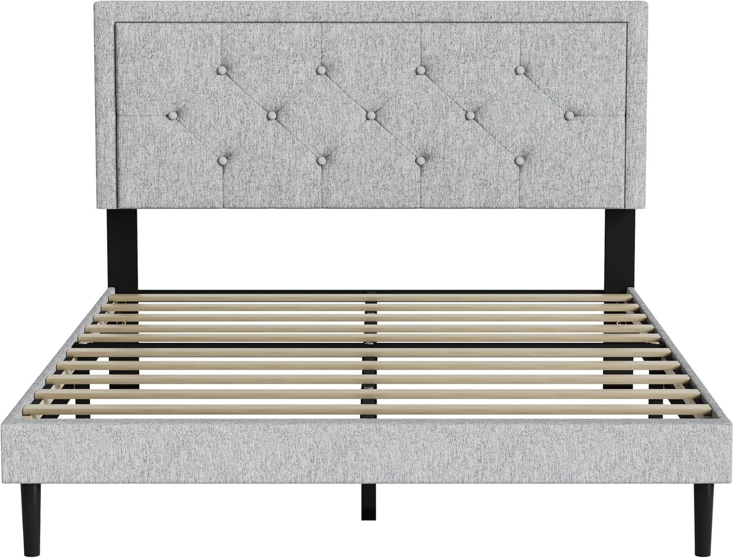 IOILORI Full Size Bed Frame with Upholstered Linen Headboard,No Box Spring Needed, Button Tufting Design, Strong Wooden Slat, Gray