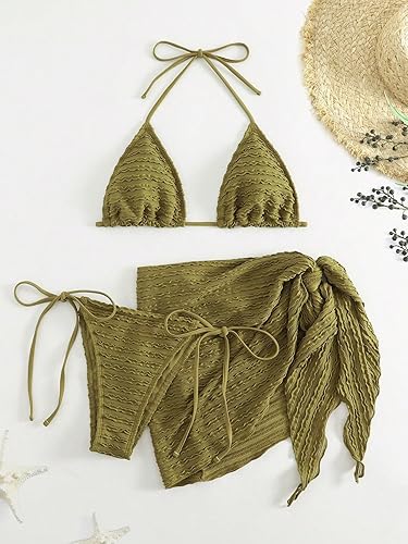 Miniatura 3 de GORGLITTER Traje de baño de 3 piezas para mujer, conjunto de bikini de triángulo halter con falda de playa