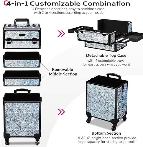 Miniatura 3 de BYOOTIQUE Carrito de maquillaje rodante sobre ruedas, almacenamiento de pestañas postizas, caja organizadora de transporte para artistas de uñas,