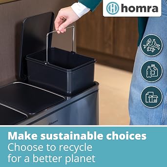 Homra Triple Kitchen Bin Large 3x18l – Triplet Rubbish Bins 3x18l - 3 Compartment Pedal System – Trio Section Waste&Recycling Separation – Soft Close – Inner Buckets with Handles - Stainless Steel