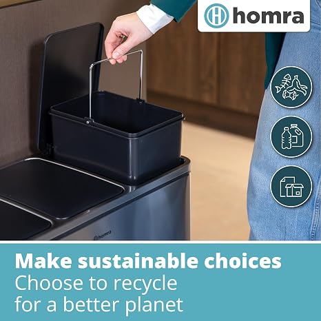 Homra Triple Kitchen Bin Large 3x18l – Triplet Rubbish Bins 3x18l - 3 Compartment Pedal System – Trio Section Waste&Recycling Separation – Soft Close – Inner Buckets with Handles - Stainless Steel