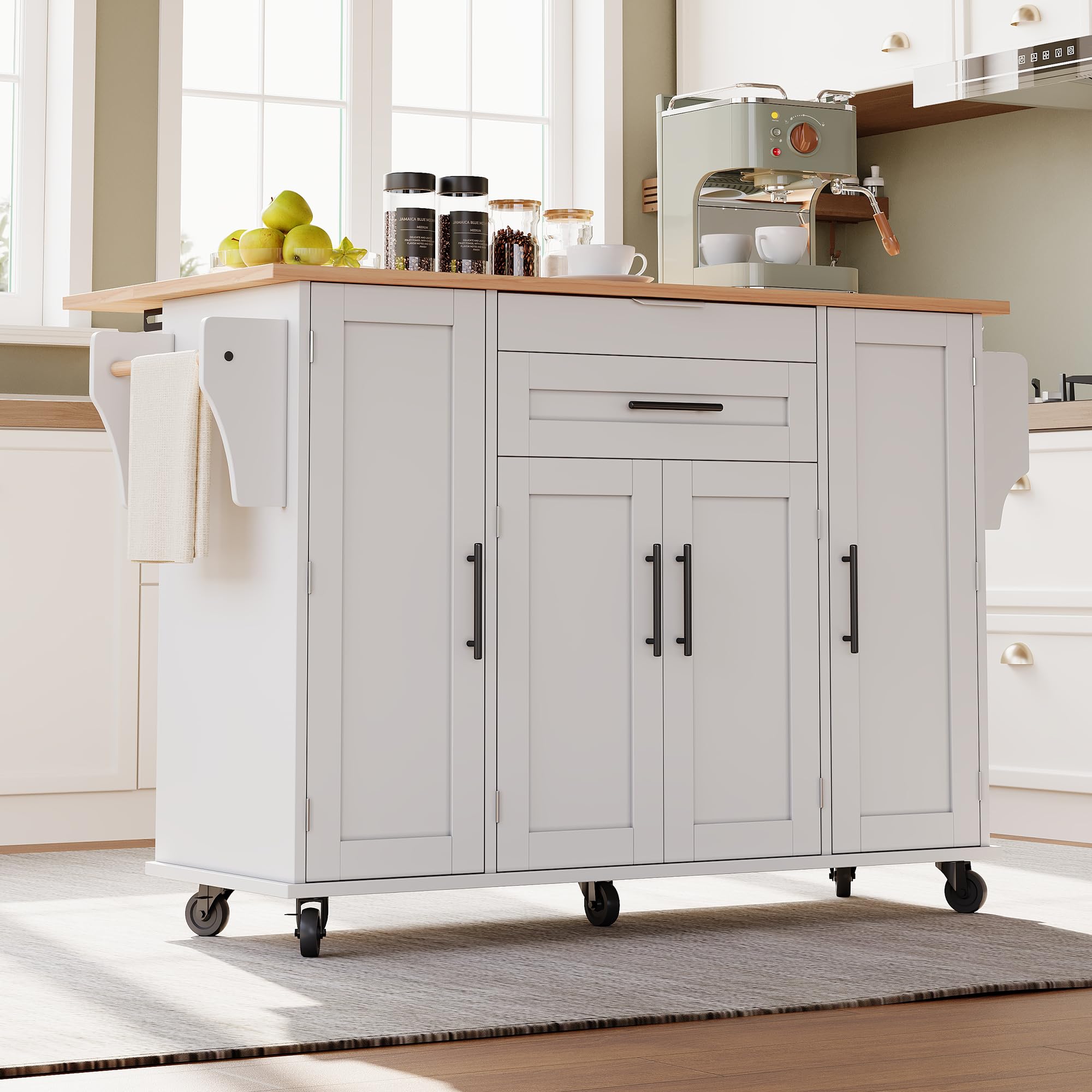 Küchenwagen, Kücheninsel Buffetschrank mit Arbeitsplatte klappbar und Rollen, Küchenschrank, Servierwagen mit verstellbare Einlegeböden,Gewürzregal und Handtuchhalter,136x45-70x92cm (White)