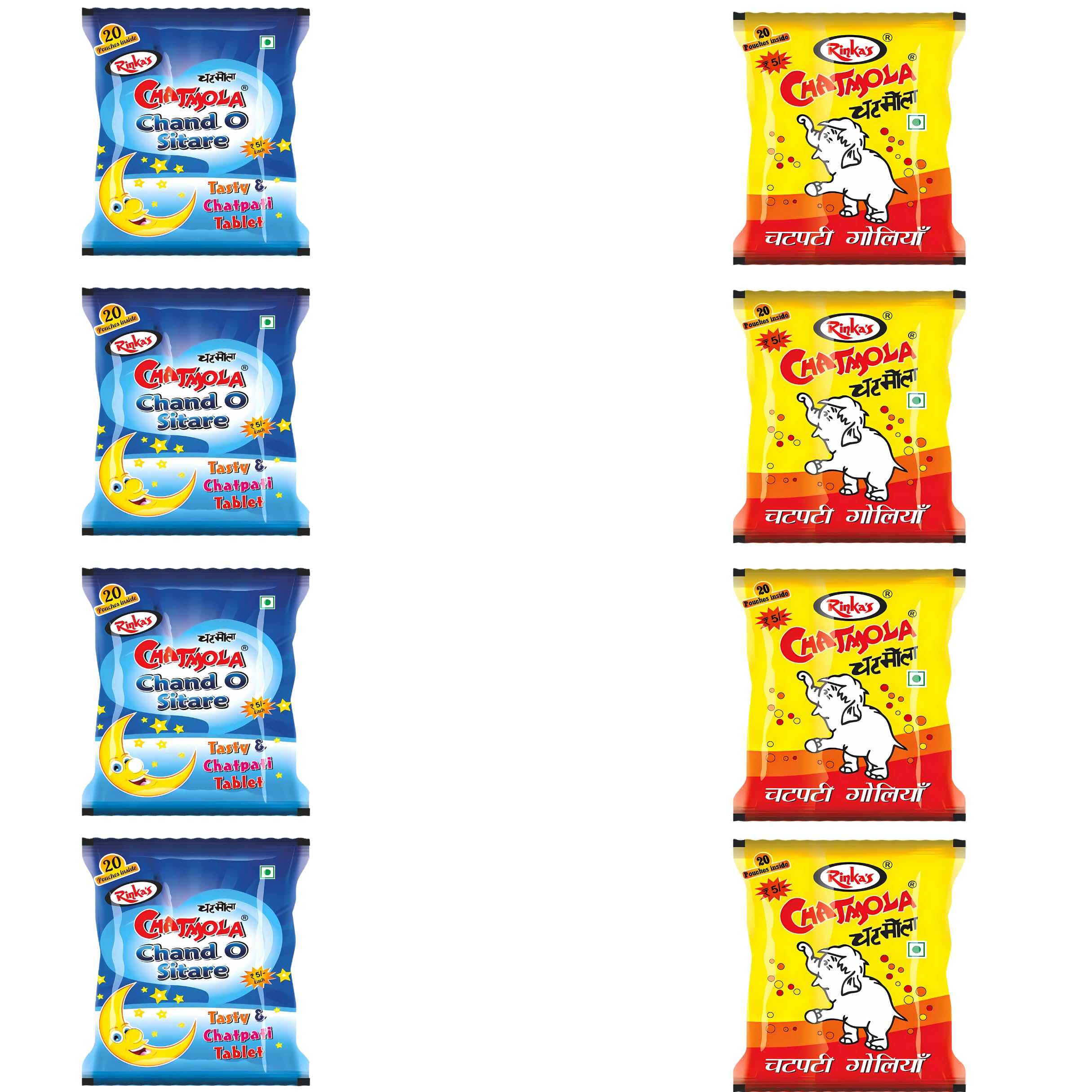 Rinka’s Chatmola and Chand-Sitare Packet - 20 sachets in each Pouch | Chatmola Goli | Chatpati Goli | Chatmola Candy | Chand Sitare Candy | Chand Sitare Goli | Sweet & Sour Moon And Star Candy | Moon Shaped Toffee For Kids | Pack 0f 6