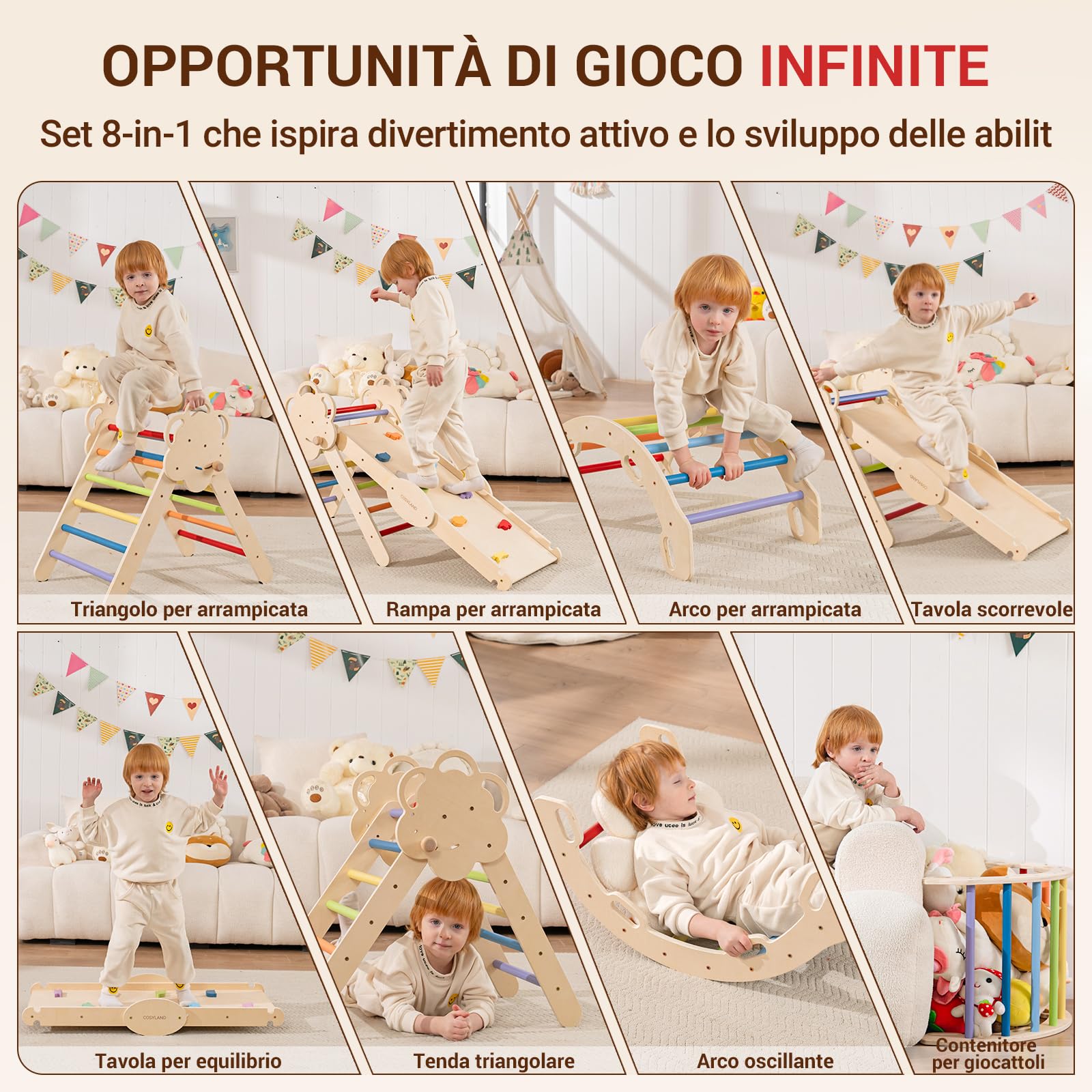 COSYLAND Set da Arrampicata per Bambini 8 in 1 – Triangolo Pikler Grande Regolabile con Scivolo, Arco e Rampa | Palestra Montessori da Interno Pieghevole 18M–6A(Arcobaleno)