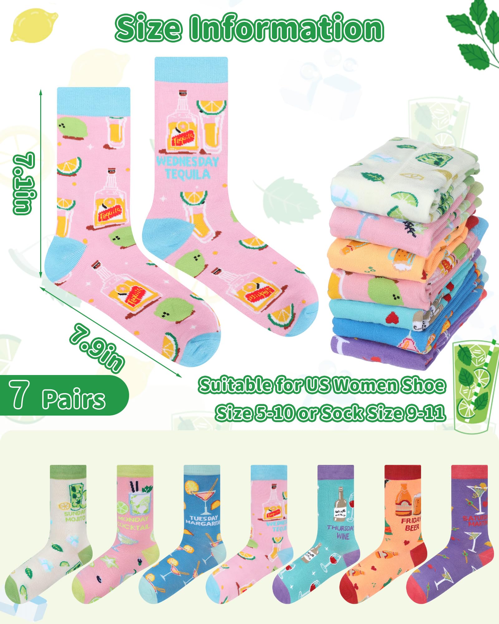 Newcotte 7 Pairs Women's Funny Drink & Alcohol-themed Crew Socks, Novelty from Sunday to Saturday Drink Week Gift, Liquor Wine and Beer Socks for Drinking Lover Cocktail Enthusiast Birthday Holiday