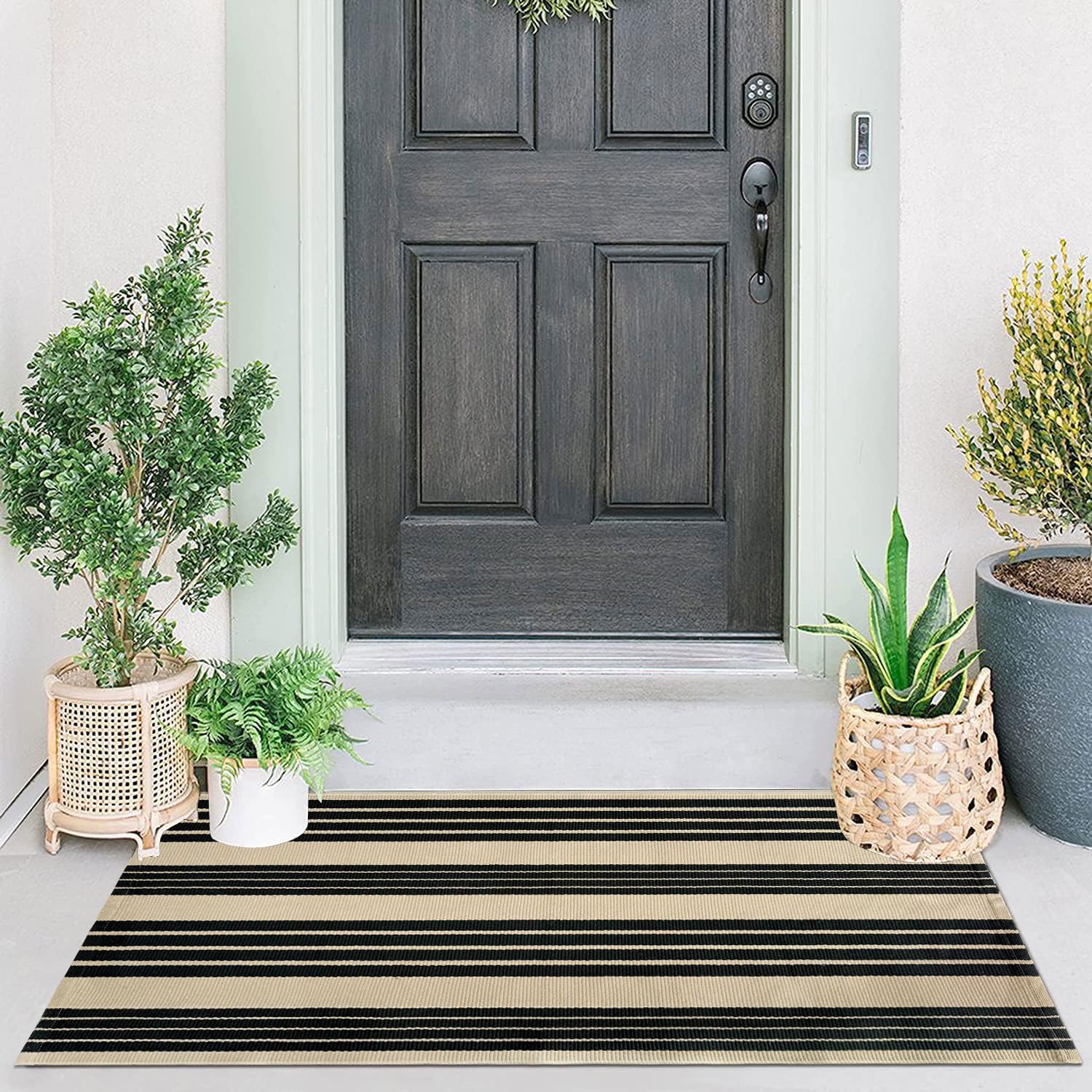 Indoor Outdoor Rug 3x5 Front Door Mat Outdoor Cotton Welcome Mat Outdoor Farmhouse Layered Mat Washable Stripe Outdoor Mats for Entrance Front Door Porch Balcony(Black/Tan) — view 20