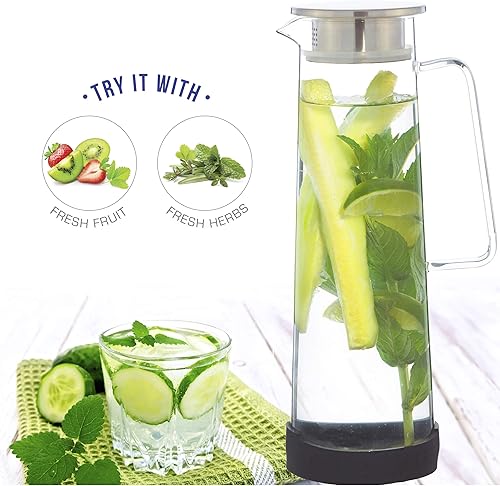 Miniatura 2 de GROSCHE BALI - Infusor de agua de vidrio hecho a mano y jarra de agua con tapa de filtro de acero inoxidable, 50.7 fl oz