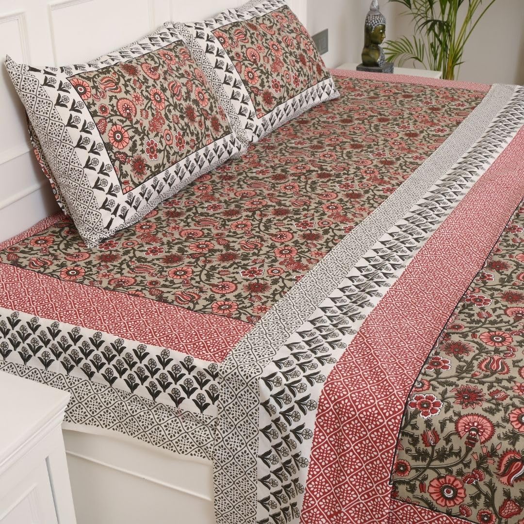 Jaipur Weaves Bedsheet For Double Bed Queen Size-100% Pure Cotton Floral Bed Sheet Set With 2 Pillow Covers,Soft Cozy Jaipuri Bedsheets Set,90X108 Inches(Floral Fantasy Brown,Floral,Queen),144 TC