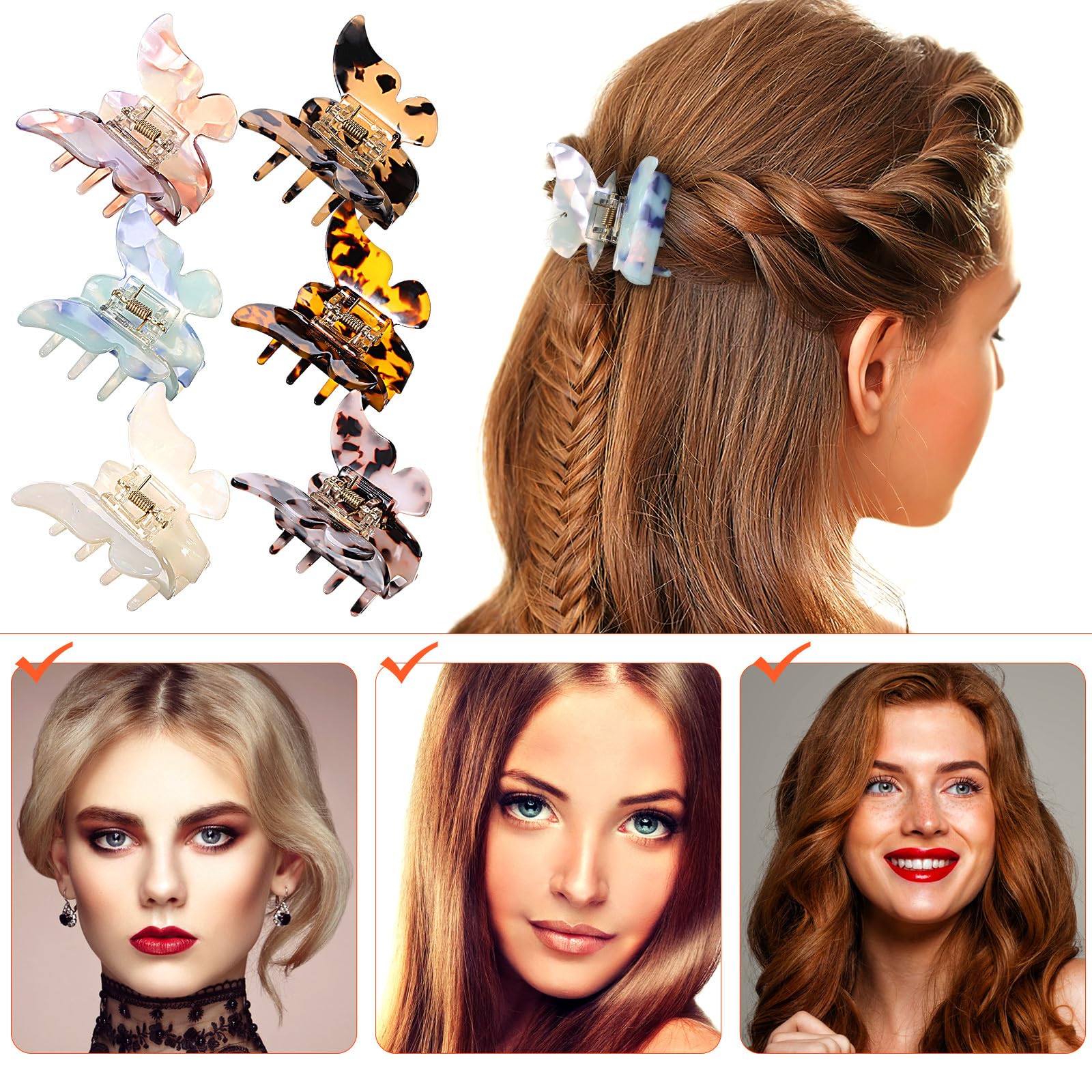 POPETPOP Haarklammern Schmetterling 6 Stück Farbenfrohe Acetat Klauenclips Geeignet für Dickes Haar Damen und Mädchen Praktische Haaraccessoires