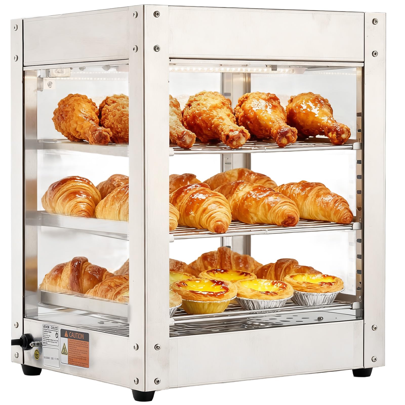 VEVOR Scaldavivande commerciale a 3 livelli, 800 W, con luce LED, ripiano regolabile e telaio in acciaio inossidabile, riscaldamento ad aria da 30 °C a 185 °C, 34 litri per hamburger, pizza, pane