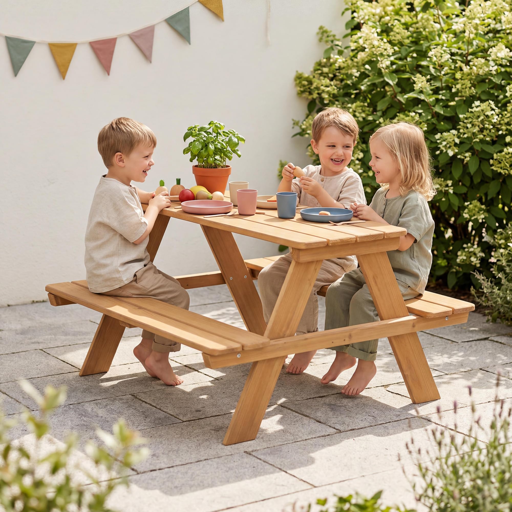 Ensemble de Table et Bancs Picnic Bois Massif Résistant aux Intempéries 4 Places 89 x 85 cm 100 Kg Teinté Teck