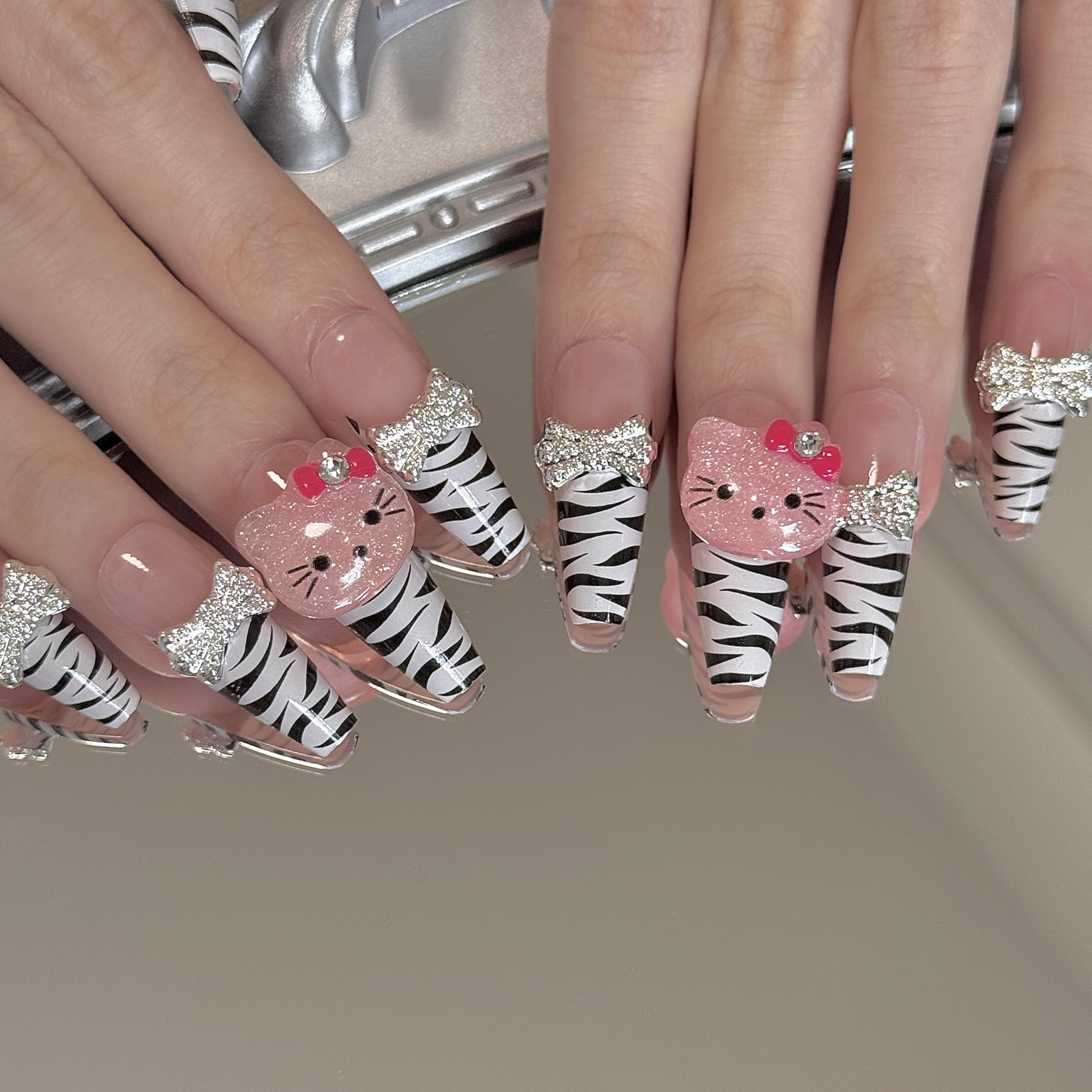 24Pcs Zebra Print Kawaii Nails Coffin Press on Nails Long Y2k Nails Bow Charms 3D Pink Press on Nails for Girls
