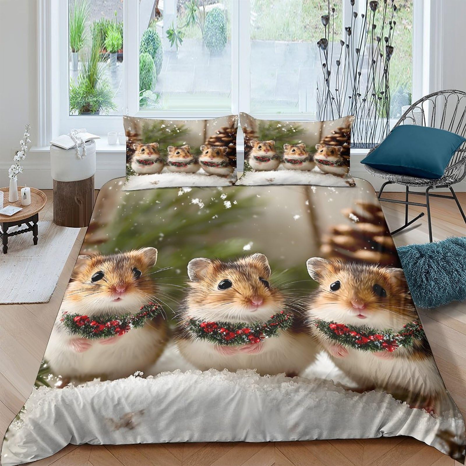 GPLZQXKJNH 3D Printed Cute Hamster Duvet Cover Microfiber Soft Breathable Christmas Animal Bedding Set with 2 Pillowcases for Bedroom Decor Single（135x200cm）