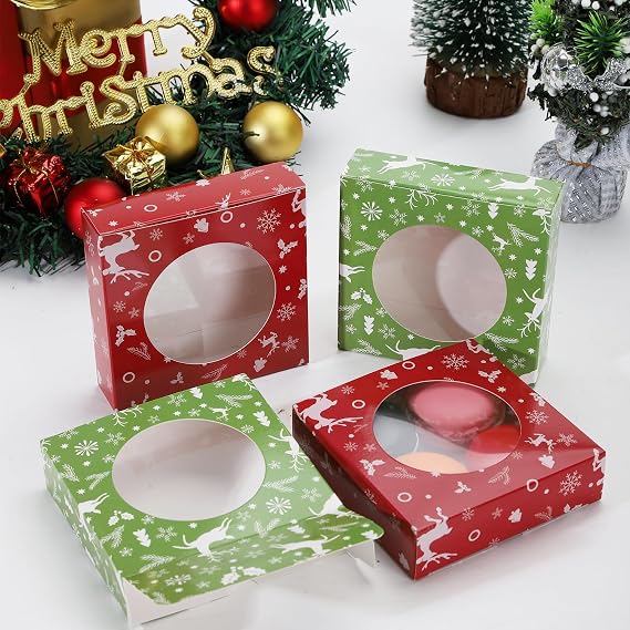 60Pcs Christmas Cookie Boxes 4.3x4.3x1.2 Inch,Christmas Bakery Boxes Gift Wrapping Box with Round Clear Window for Bakery Cookies Cake Candy Soap Packaging Birthday Gift Boxes (Christmas Green)