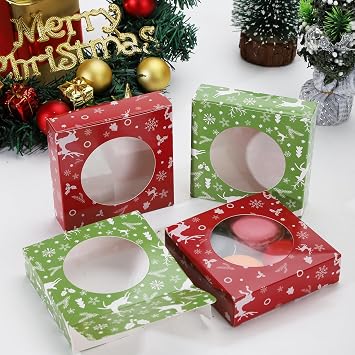 60Pcs Christmas Cookie Boxes 4.3x4.3x1.2 Inch,Christmas Bakery Boxes Gift Wrapping Box with Round Clear Window for Bakery Cookies Cake Candy Soap Packaging Birthday Gift Boxes (Christmas Green)