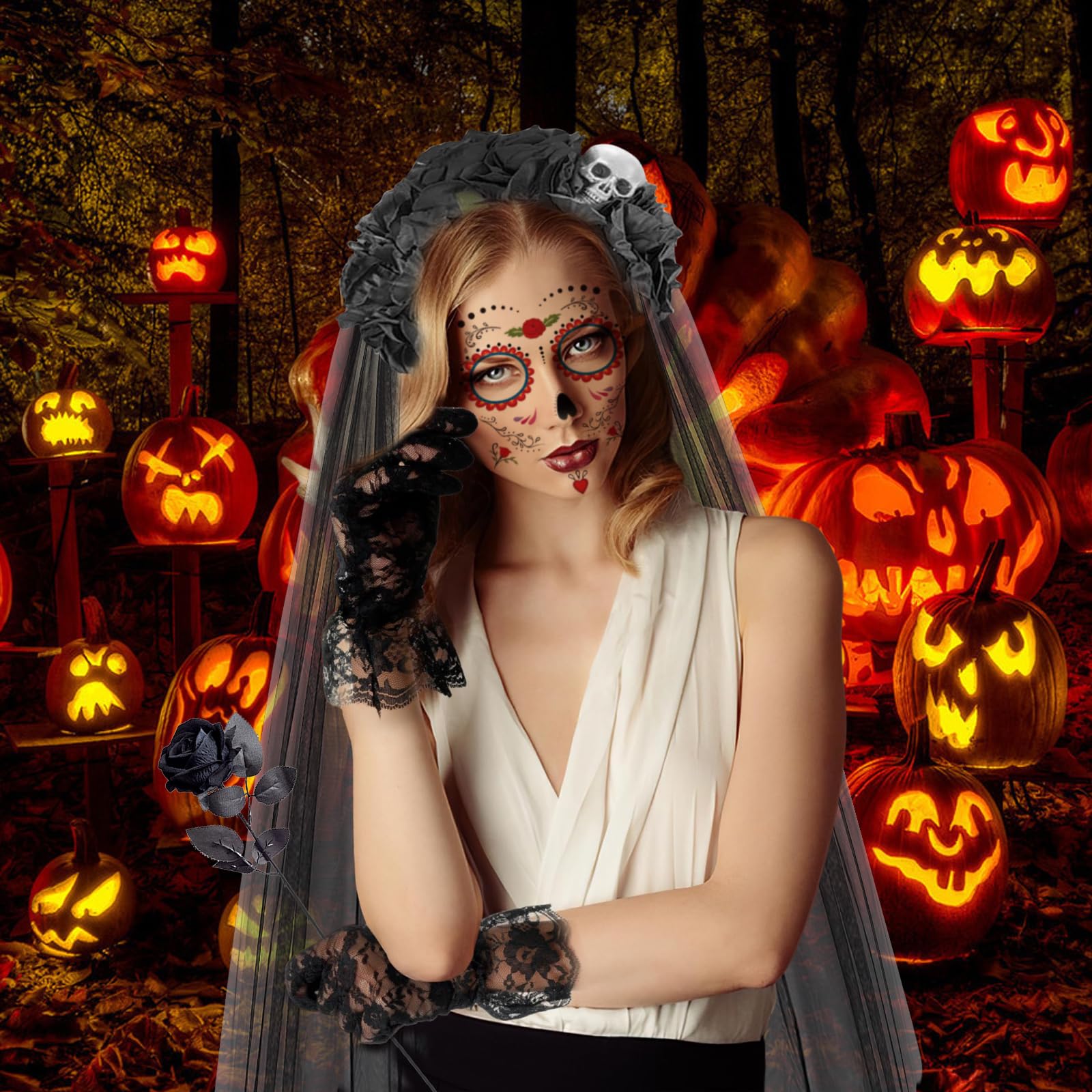 Costume di Halloween da donna, Dia De Los Muertos, cerchietto per capelli con velo, giorno del costume morto, per Halloween, per carnevale