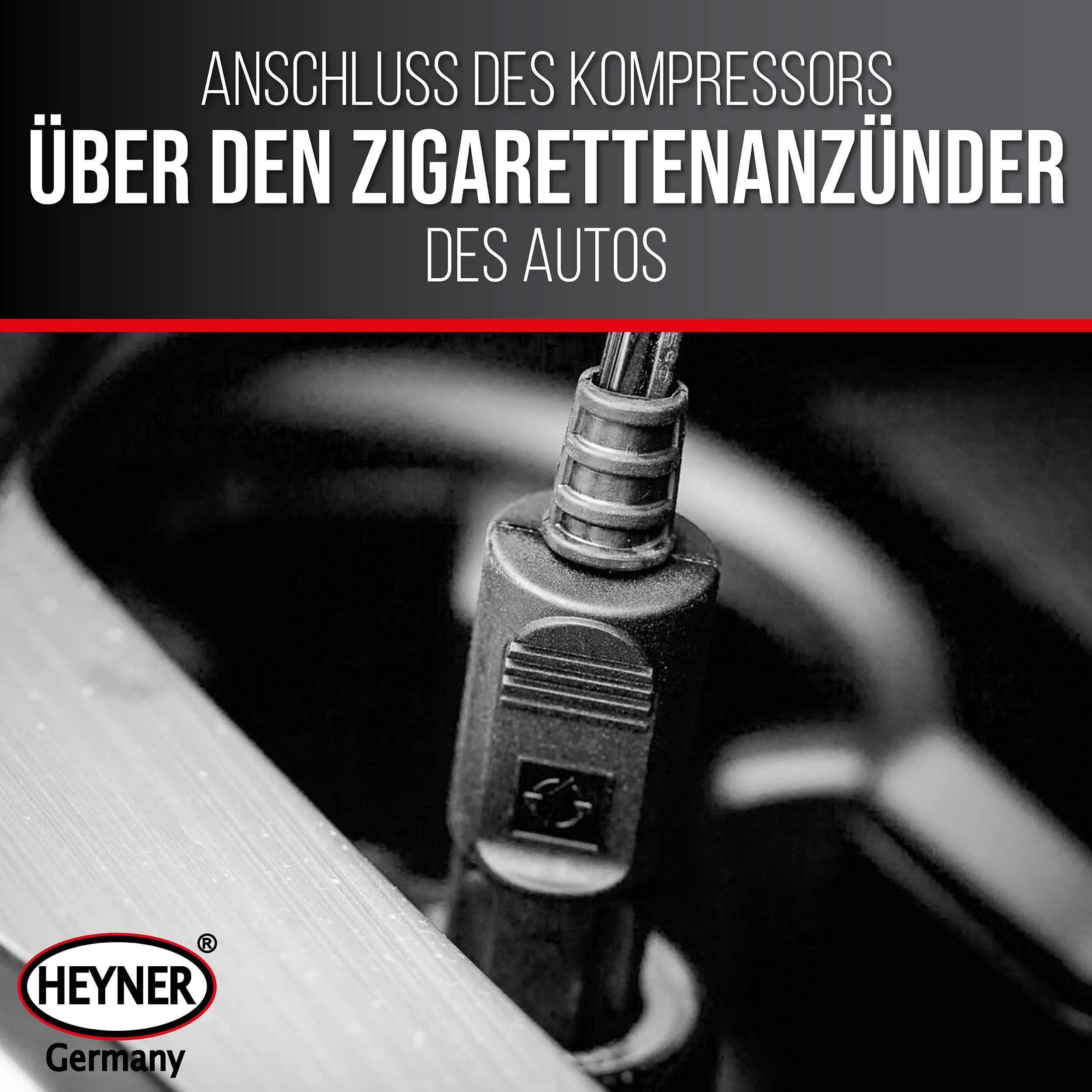 HEYNER® Minikompressor 12 V Luftpumpe für Autoreifen mit Druckanzeige | Integrierte SMD Arbeitsleuchte, 9 Bar Nennleistung, Inklusive 4 Adaptern, Praktische Tragetasche, Kurze Wartezeit