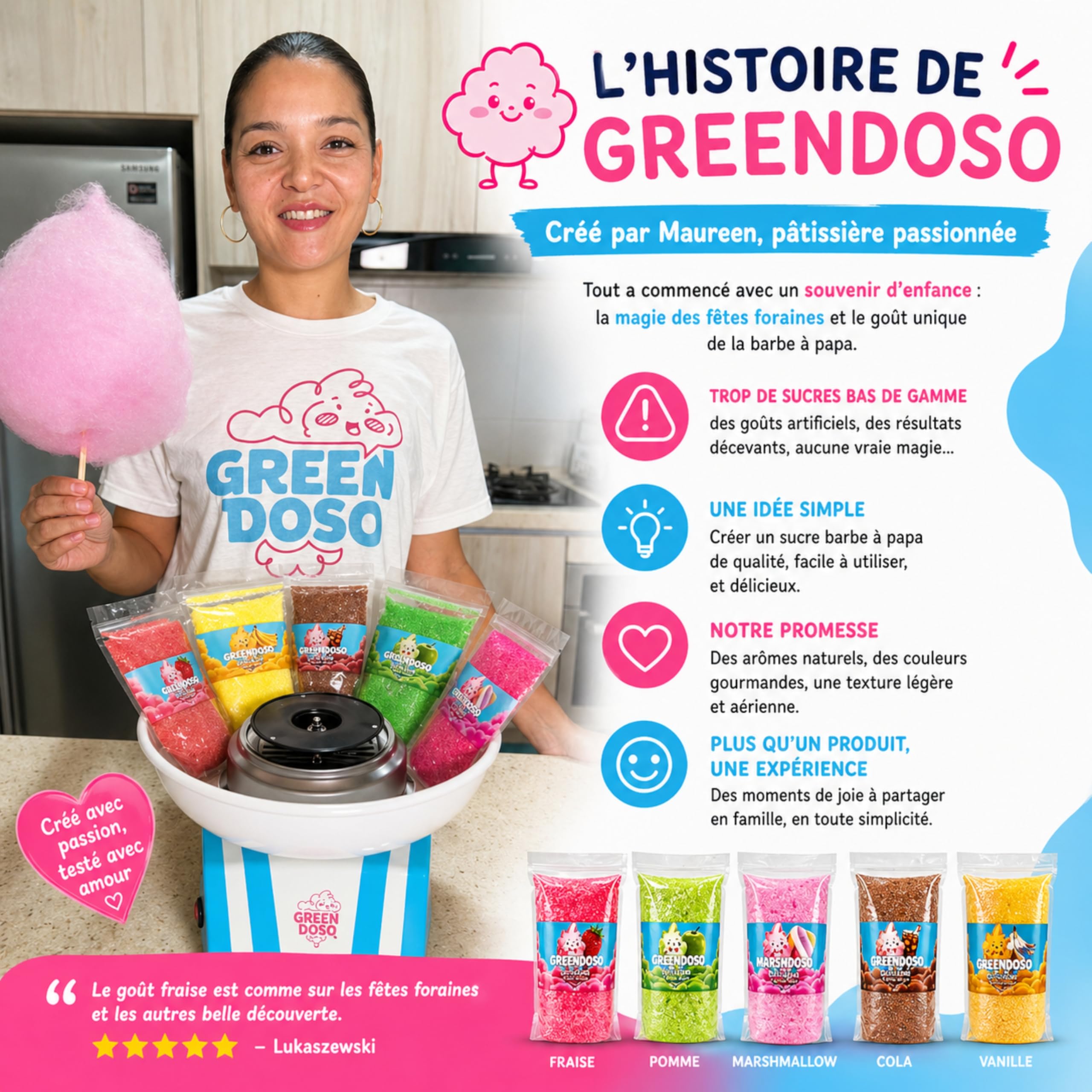 GREENDOSO® Sucre Barbe à Papa pour Machine (5x300 gr) – Arômes Naturels – Lot de 5 Goûts (Fraise/Cola/Pomme/Marshmallow/Vanille) – 50 Bâtonnets