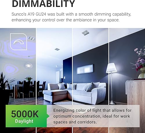 Miniatura 5 de Sunco - Paquete de 10 bombillas LED GU24 de 2 clavijas A19, luz diurna de 5000 K, equivalente a 9 W 60 W, CFL de repuesto 800 LM, súper brillante