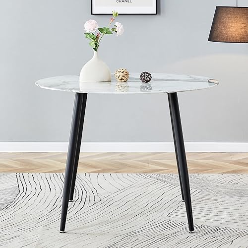 Miniatura 6 de Mesa de comedor redonda de 40 pulgadas para 4 personas, moderna mesa de comedor de mármol de imitación con mesa de vidrio y patas de metal, mesa de