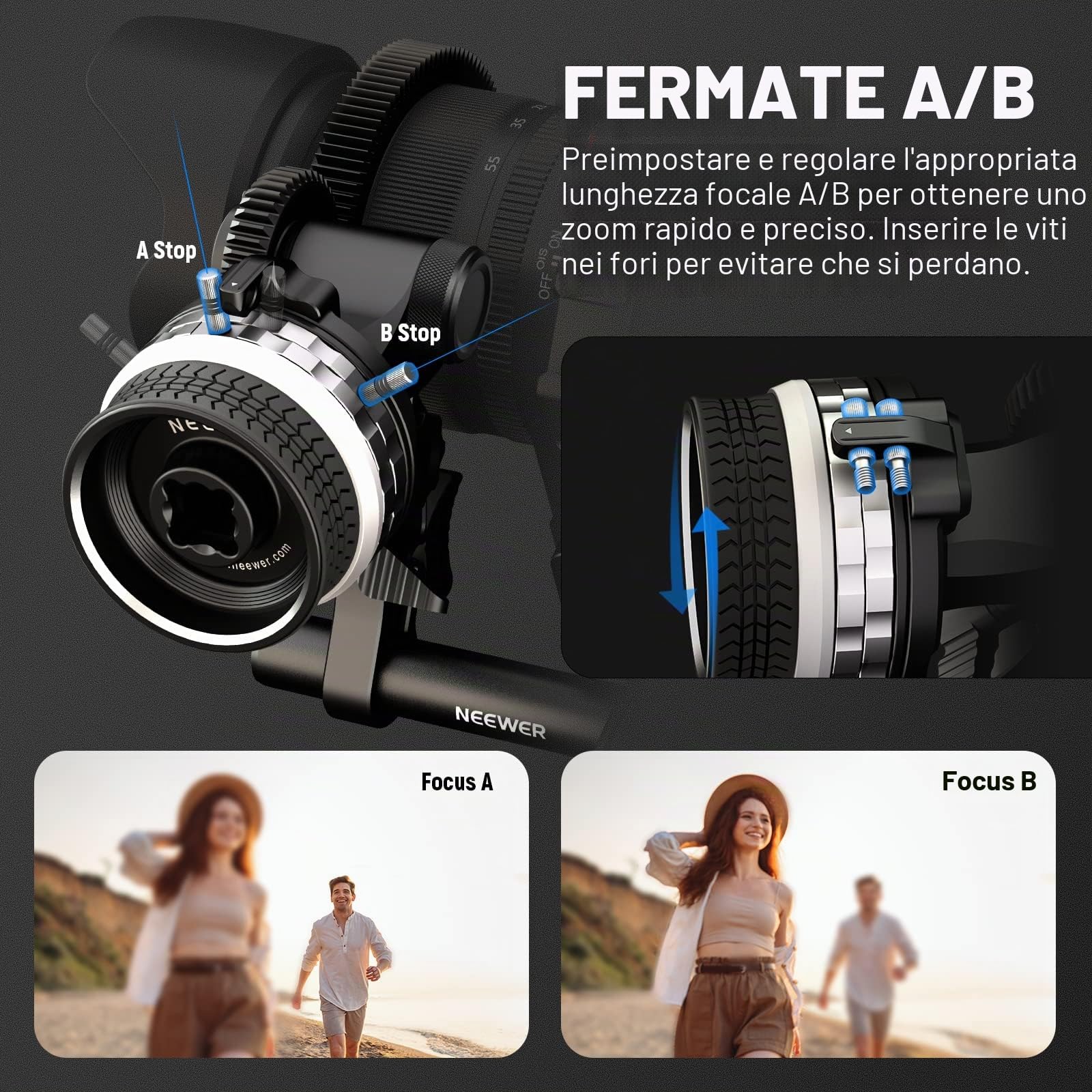 NEEWER Mini Follow Focus con attacchi A/B, corona dentata, asta da 15 mm e morsetto per fotocamera a film, fotocamera DSLR/senza specchio, compatibile con lenti di diametro fino a 114 mm, PG001