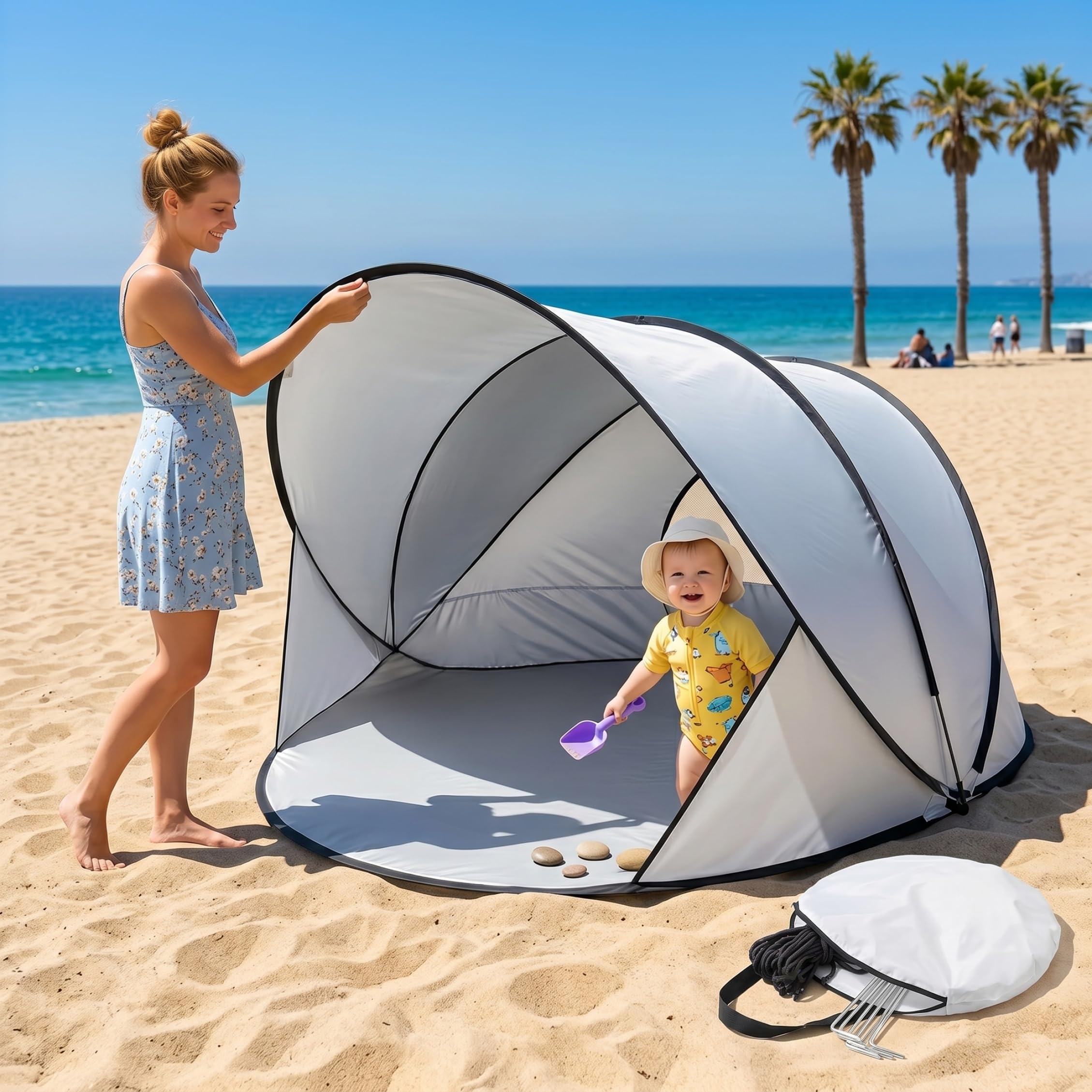 Tienda de Playa para Bebés, Refugio Solar UPF 50+, Blanco, Tienda de Playa para 2 Personas, S