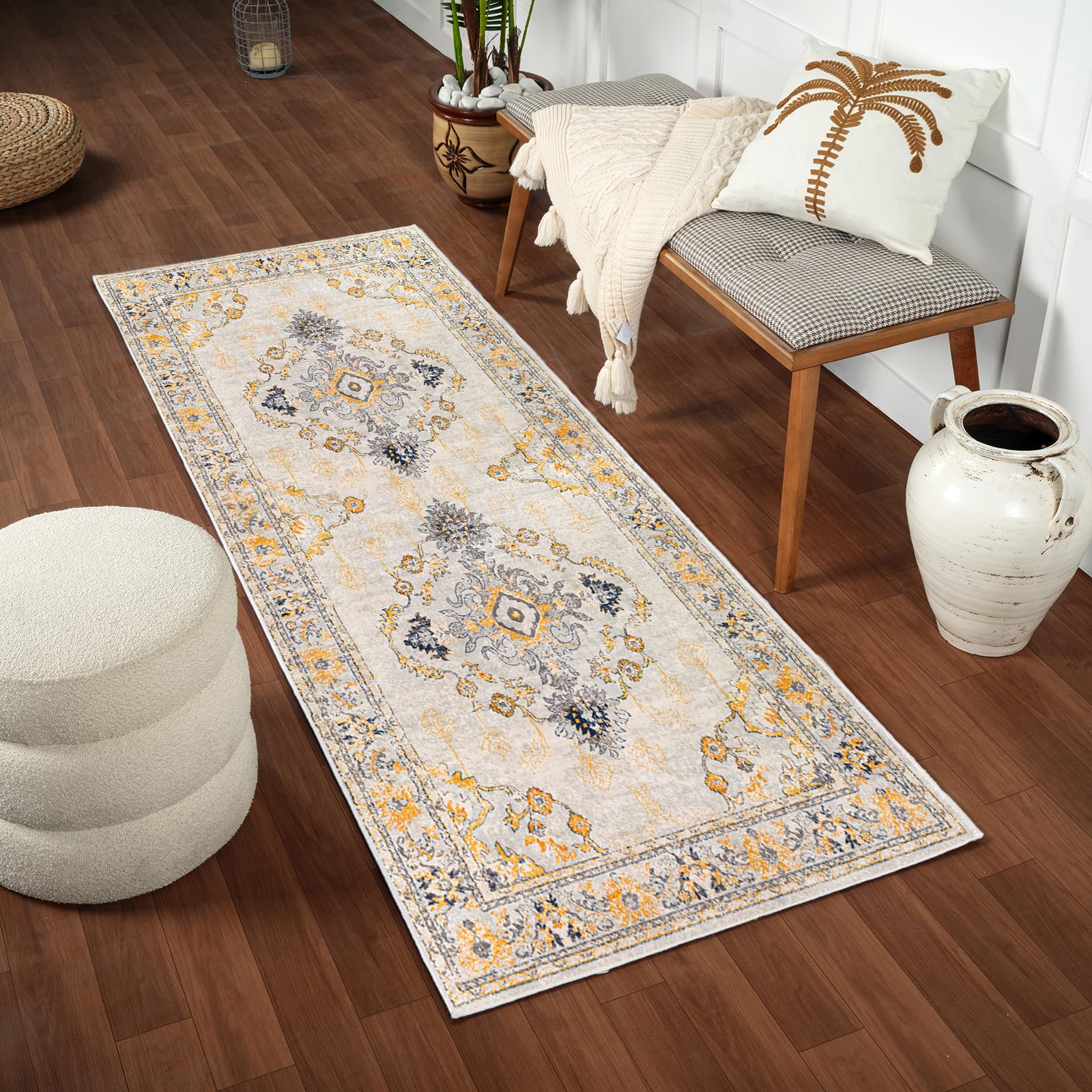 Livabliss Sonam Palma Vintage Runner 80x220 cm – Scandi Neutral Boho Pattern for Hallway & Living Space, Easy Care Pile, Beige, Mustard & Grey