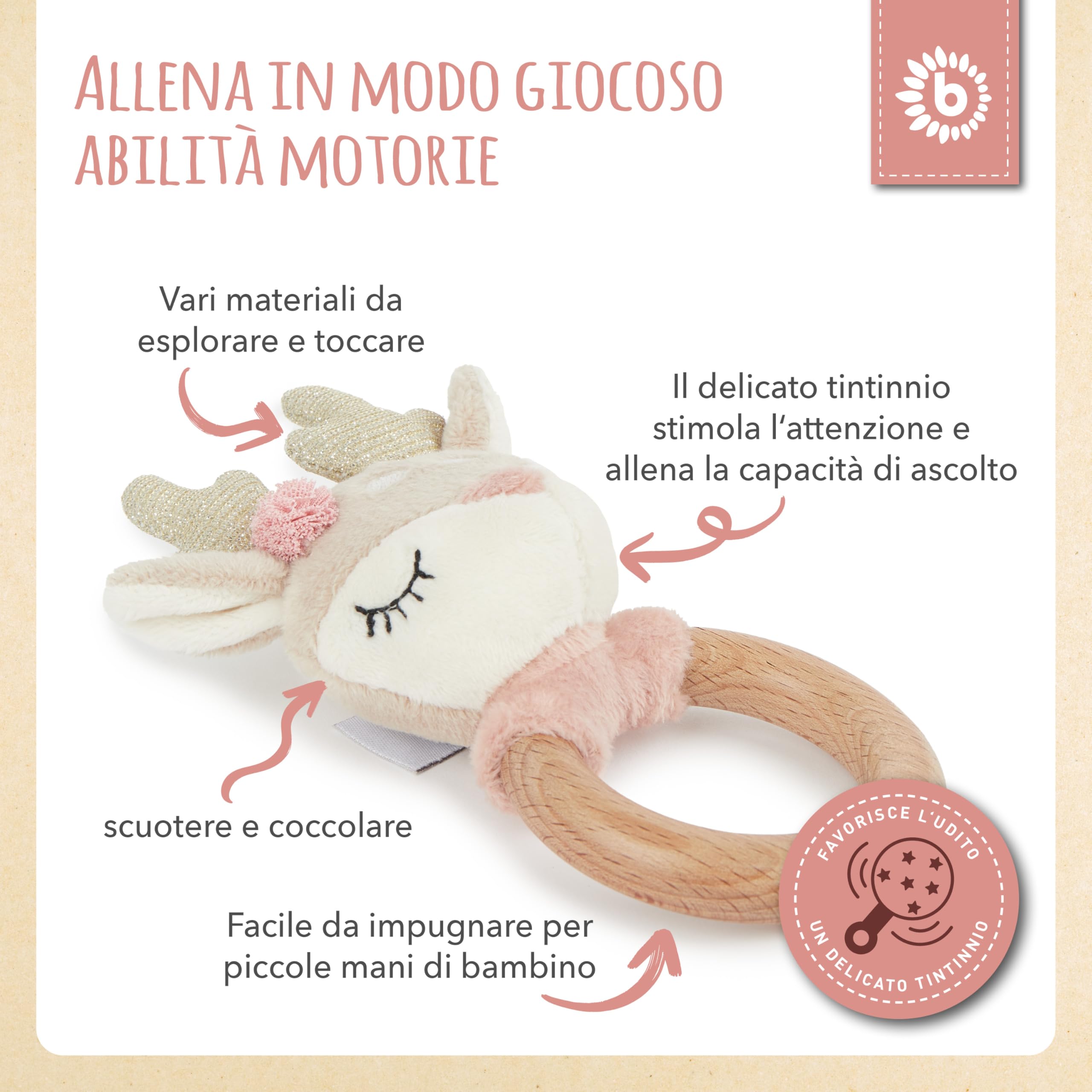 Bieco Sonaglio ad anello per neonati | Cervo Ø 10 cm | Lunghezza 17 cm | Sonaglio giocattolo con anello in legno | Giocattoli sensoriali | Giocattoli per bambini 0-6 mesi | Sonaglio in tessuto |