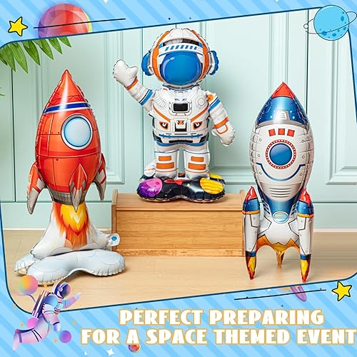 Miniatura 3 de RoundFunny 8 globos inflables del espacio exterior de pie, globos de cohete espacial, astronauta, globo de aluminio de nave espacial para decoración