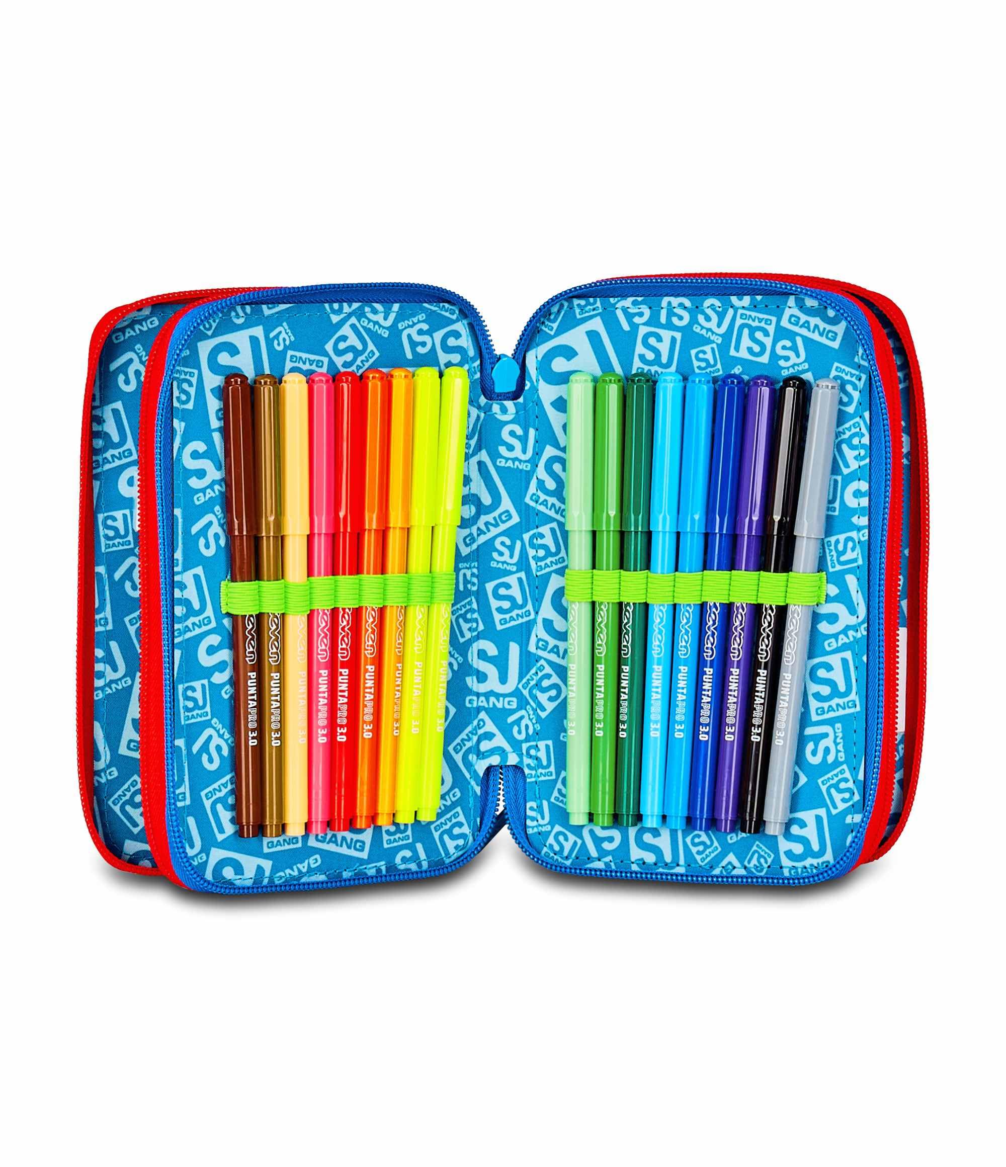 SJ GANG STYLE JAM GANG Astuccio Scuola 3 Zip,Blu, Portapenne Triplo Scomparto Completo Di Penne, Matite, Colori, Accessori Zaino, Scuola Elementare, Bambino