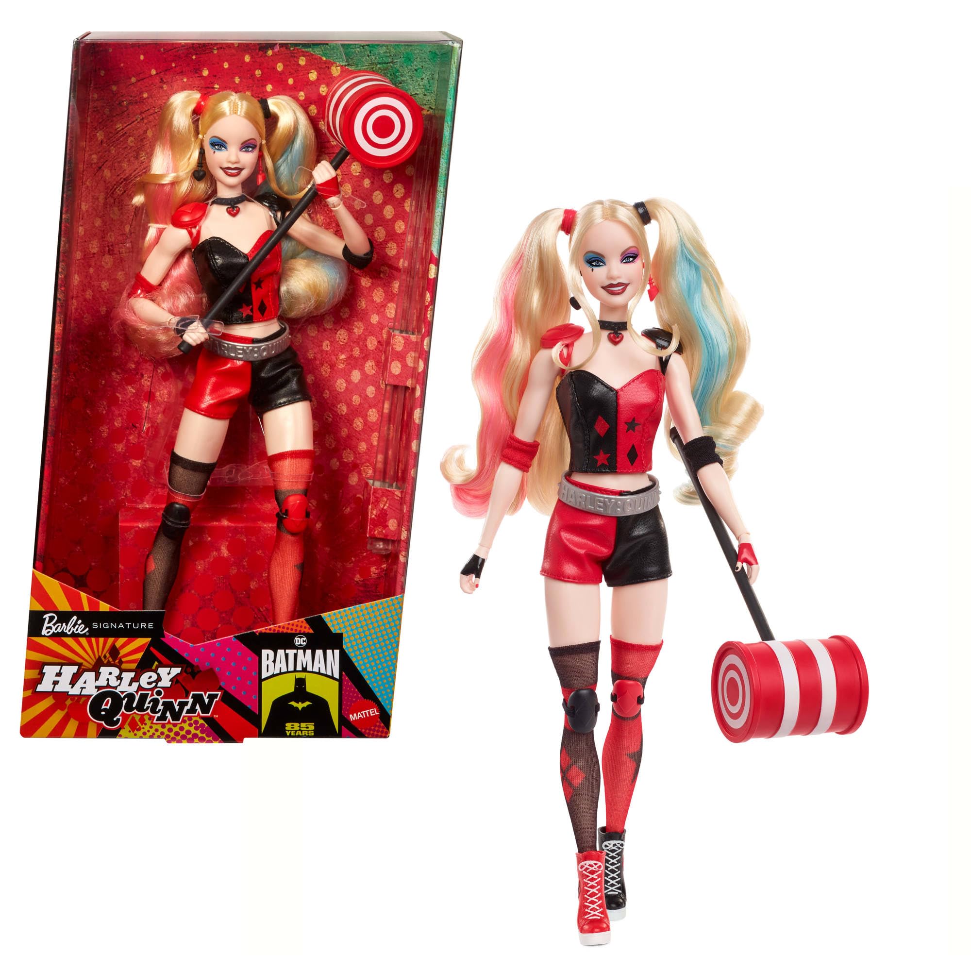 Barbie Mattel Signature Harley-Quinn-Sammlerpuppe mit beweglichem Körper, ikonischem Outfit und Hammer, DC Batman Sammelfigur zum 85. Jubiläum, HRM84, [Mehrfarbig]