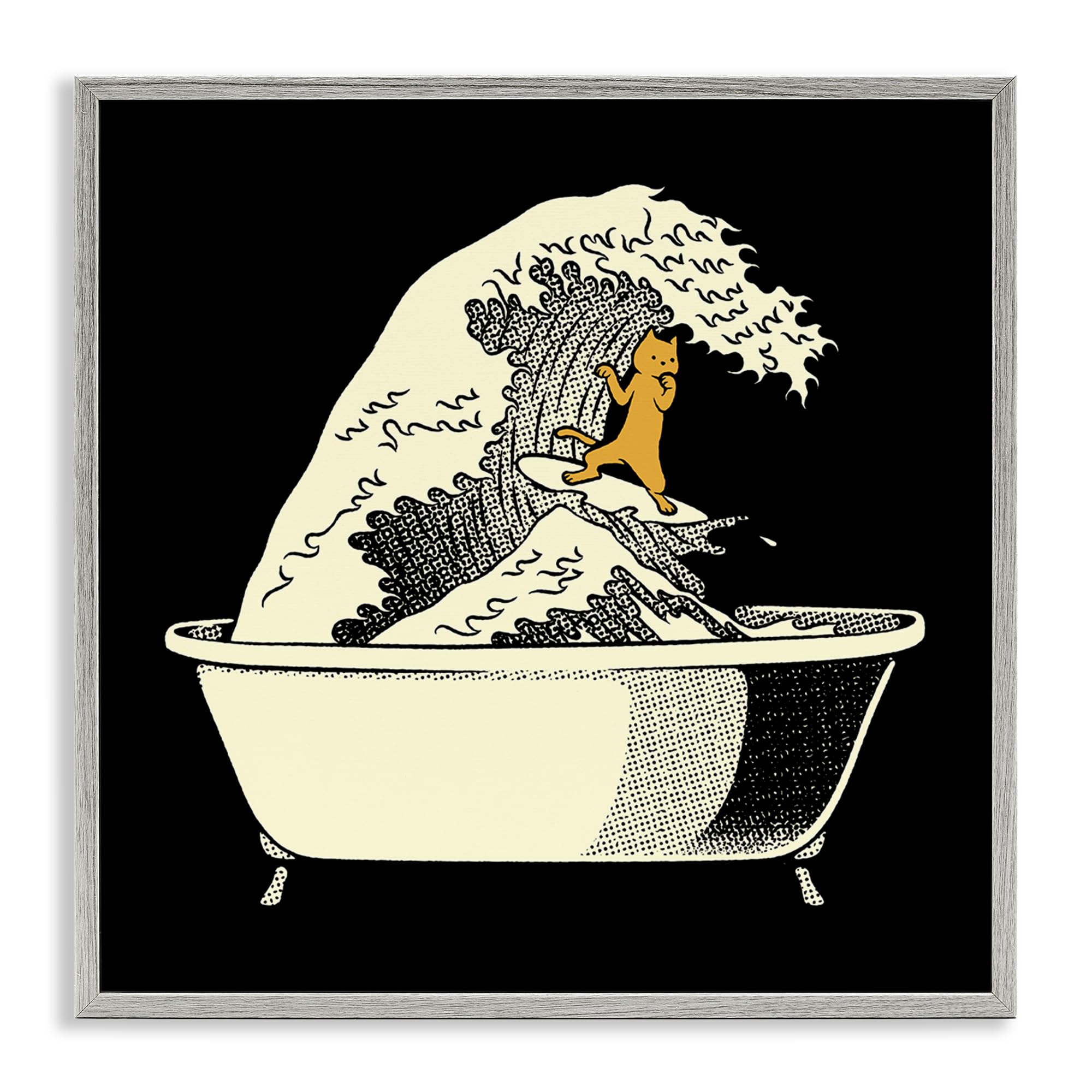 Stupell Industries Whimsical Kanagawa Bathtub Cat 'Kanagawa Bathtub Cat', Framed Giclee Art, Gray, 24 X 24 Inches, Easy To Hang And Sturdy, Made In Usa, By Tobe Fonseca