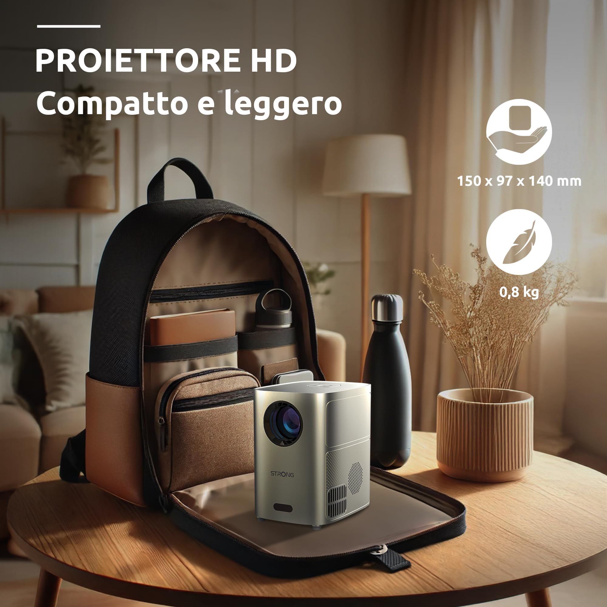 STRONG - Mini proiettore Wifi Bluetooth Q1 - Risoluzione HD 720p compatibile Full HD 1080p - 180 ANSI Lumens - Distanza di proiezione da 0,85 a 2,9 m - Connettività HDMI/USB/AV + Altoparlanti - Grigio