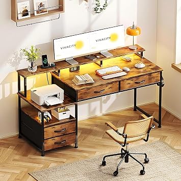 MUTUN 135cm Computer Desk with Power Outlet and Charging Station, Reversible Home Office Desk with Fabric Drawers and Monitor Stand, Wooden Desks with Storage, Study Table, Rustic Brown