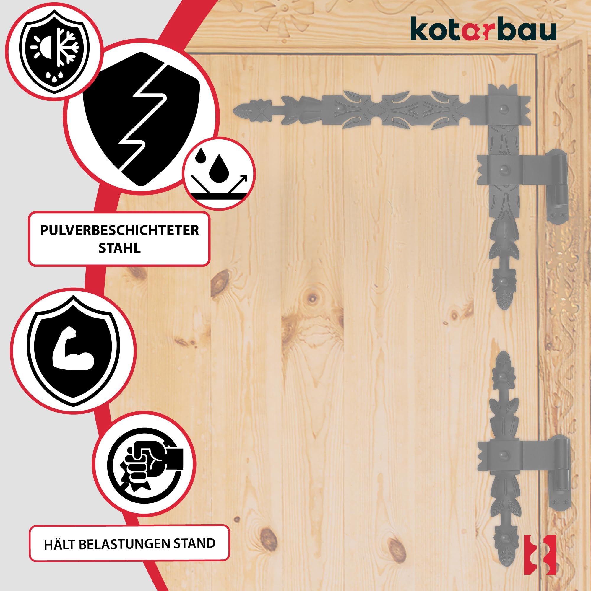 KOTARBAU® Nastro angolare forgiato, 400 x 300 x 40 mm, nero, in acciaio verniciato a polvere, con ganci, per porte in legno, gancio a croce, nero, porta in legno, nero