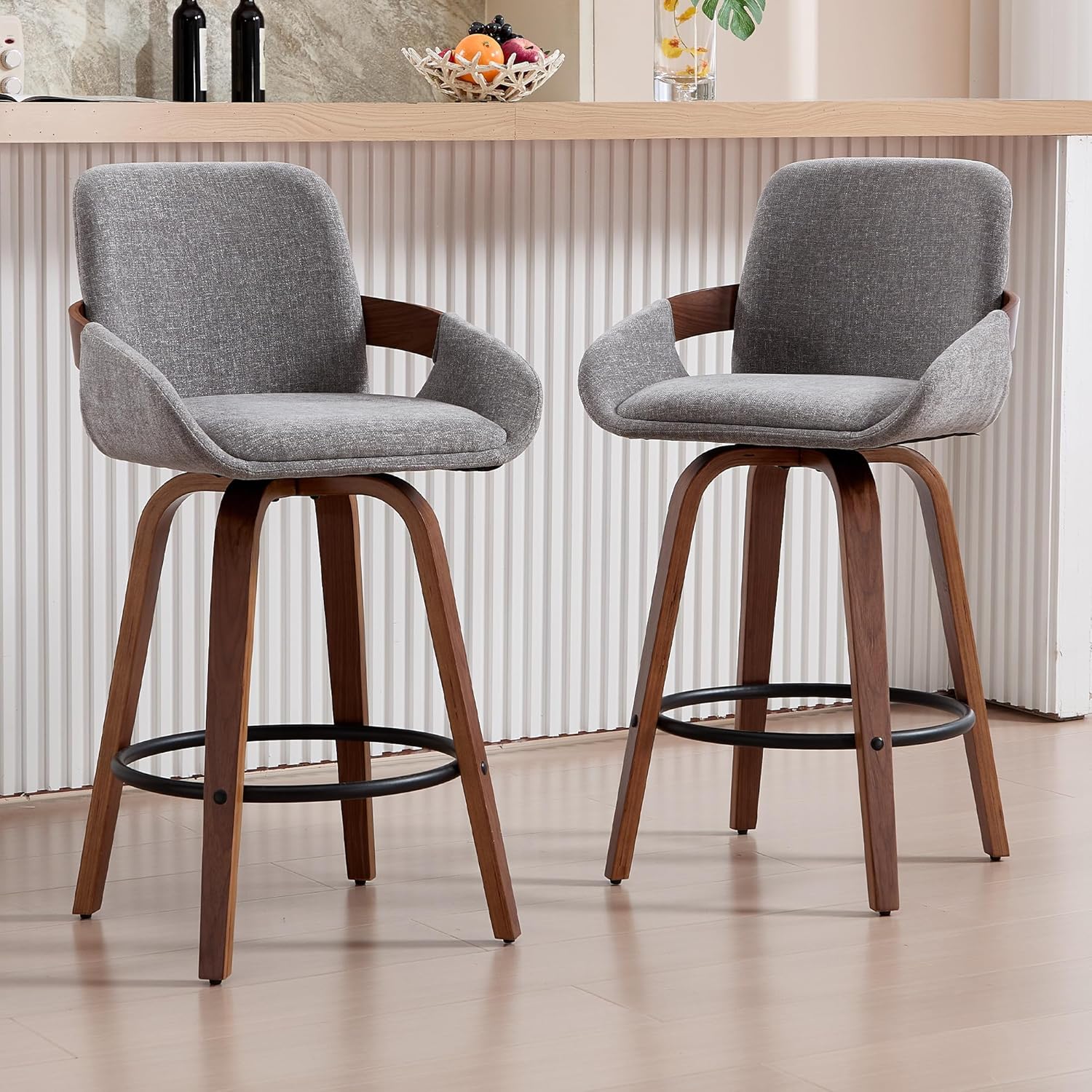 VipDesk Swivel Bar Stool Set of 2, Fabric Counter High Stools with Back and Armrest 360° Swivel Walnut Bar Chair for Kitchen Island Home Dining - Light Grey