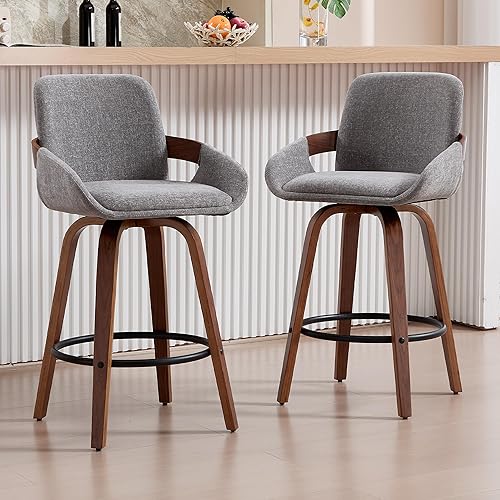 Miniatura 7 de Juego de 2 taburetes de bar giratorios, taburetes altos de mostrador de tela con respaldo y reposabrazos, silla de bar de nogal giratoria 360 para