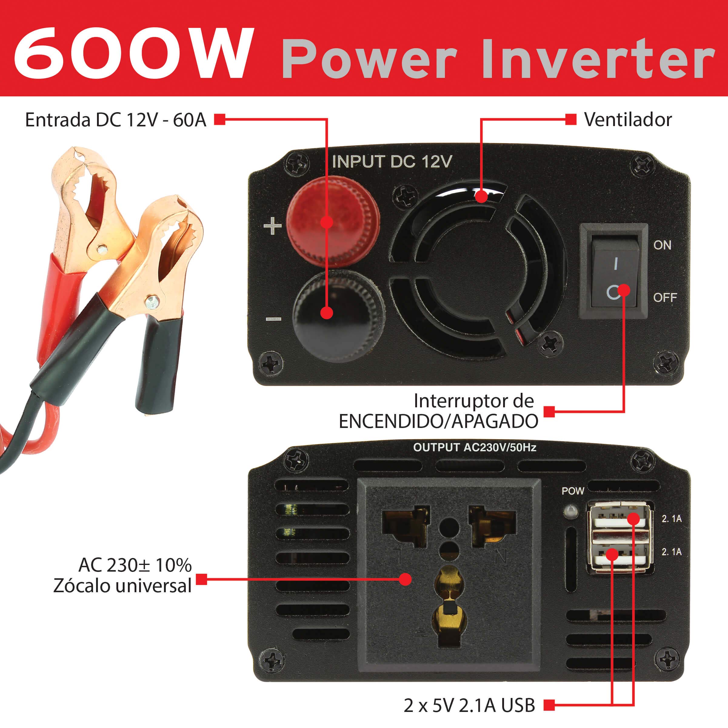 S SUMEX PIN600W Convertidor Inversor Coche 600W / 1200W, Corriente DC 12V 230V con 2 Puertos USB 5V 2.1 A. Onda Pura, Toma AC para Portatil, Movil, TV, Tablet