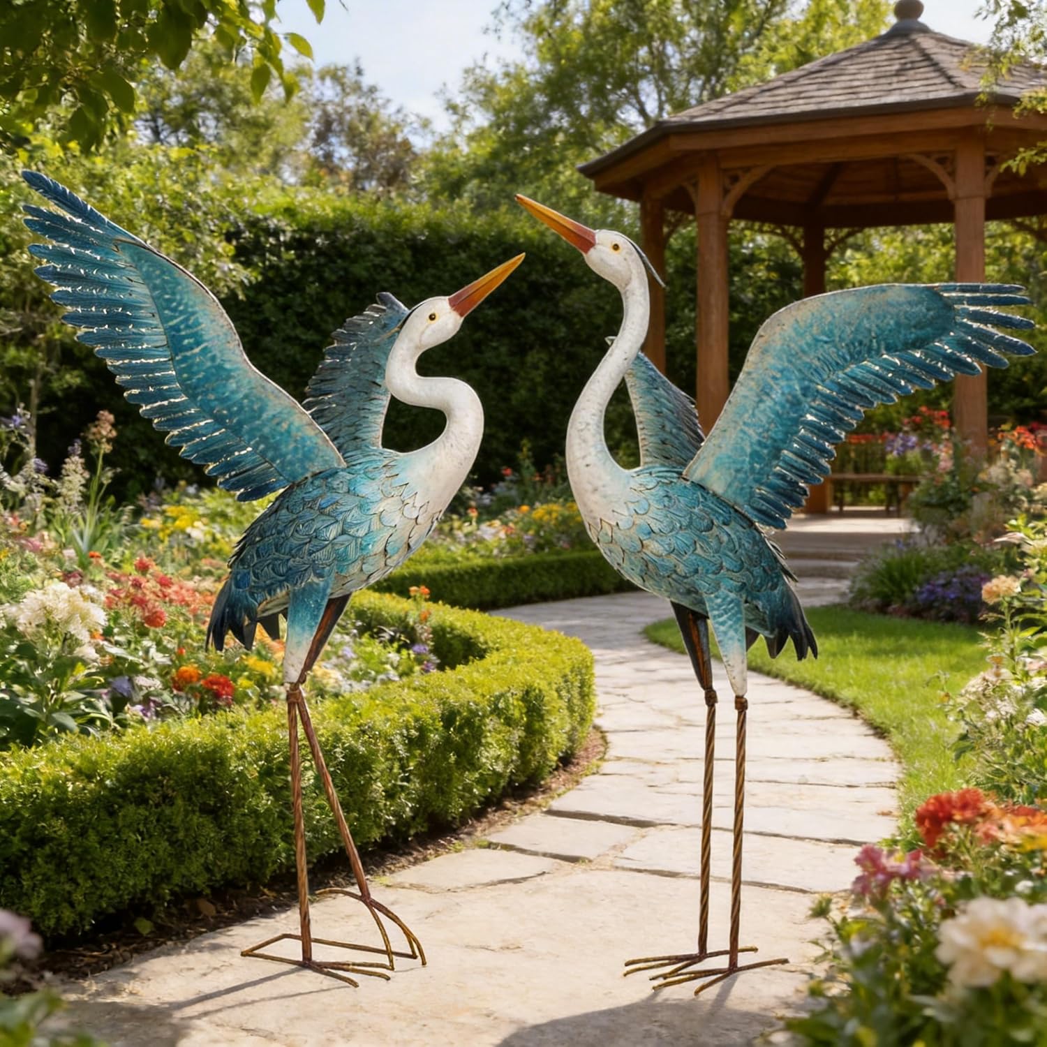 chisheen Garden Statue Outdoor Metal Heron Crane Yard Art Sculpture for Lawn Patio Backyard Decoration,46 inch (2-Pack) (White&Blue)