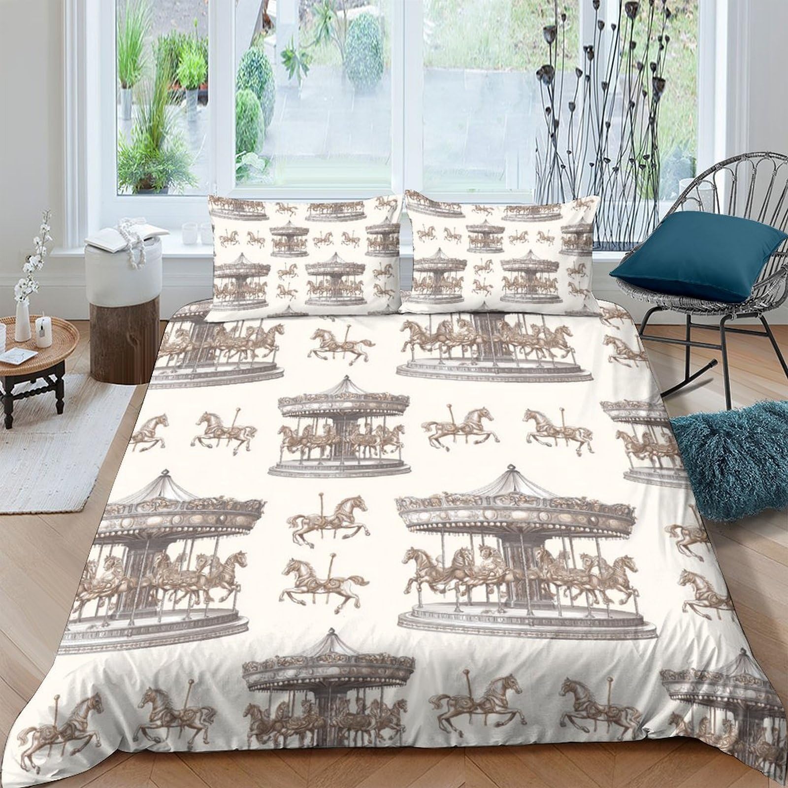 Ctjqhvkz Style-4 3D Printed Carousel Horses Fitted Sheet Microfiber Soft Anti-Slip Vintage Fairground Bed Cover For Bedroom Guest Room Single（135X200cm）