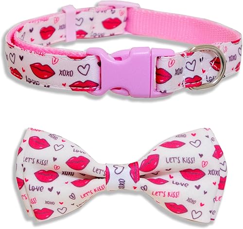 Collar con pajarita para perro de San Valentín, Holiday Let's Kiss y XOXO collar para cachorros grandes, medianos y pequeños (pequeño-(11-17