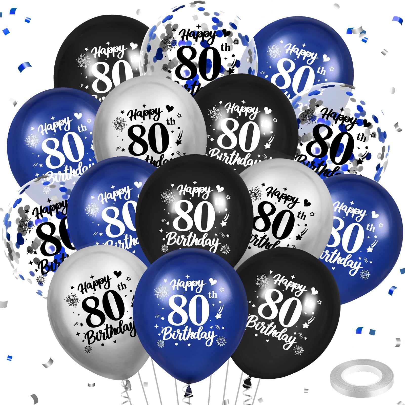 Blue 80th Birthday Balloons 24Pcs Navy Blue Black Silver Happy 80th Birthday Latex Balloons Confetti Balloon for Boys Girls 80 Birthday Anniversary Party Decorations Supplies 12 Inch