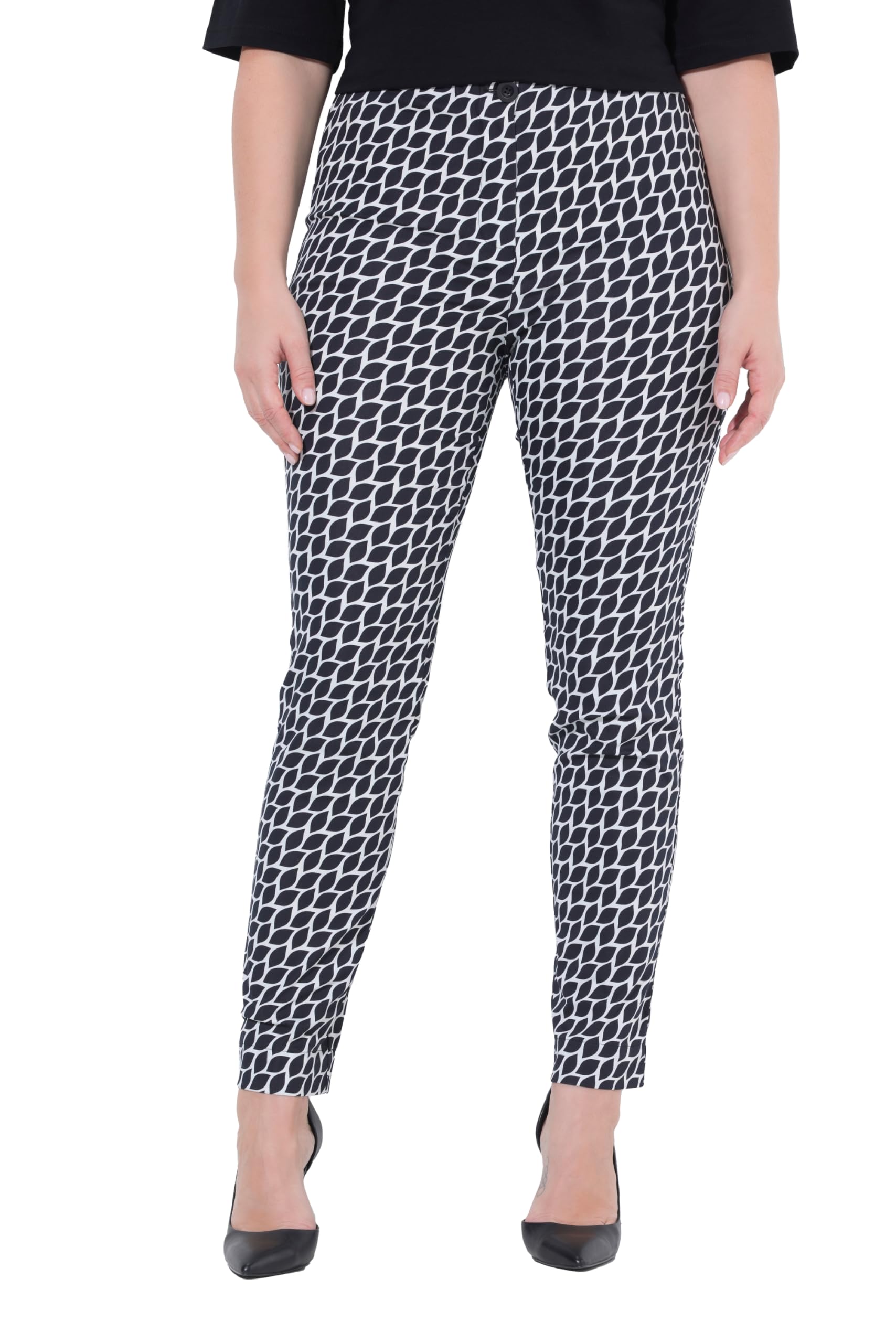 Ulla Popken Damen große Größen Übergrößen Plus Size Hose, grafisches Design, schmales Bein, Elastikbund 848098